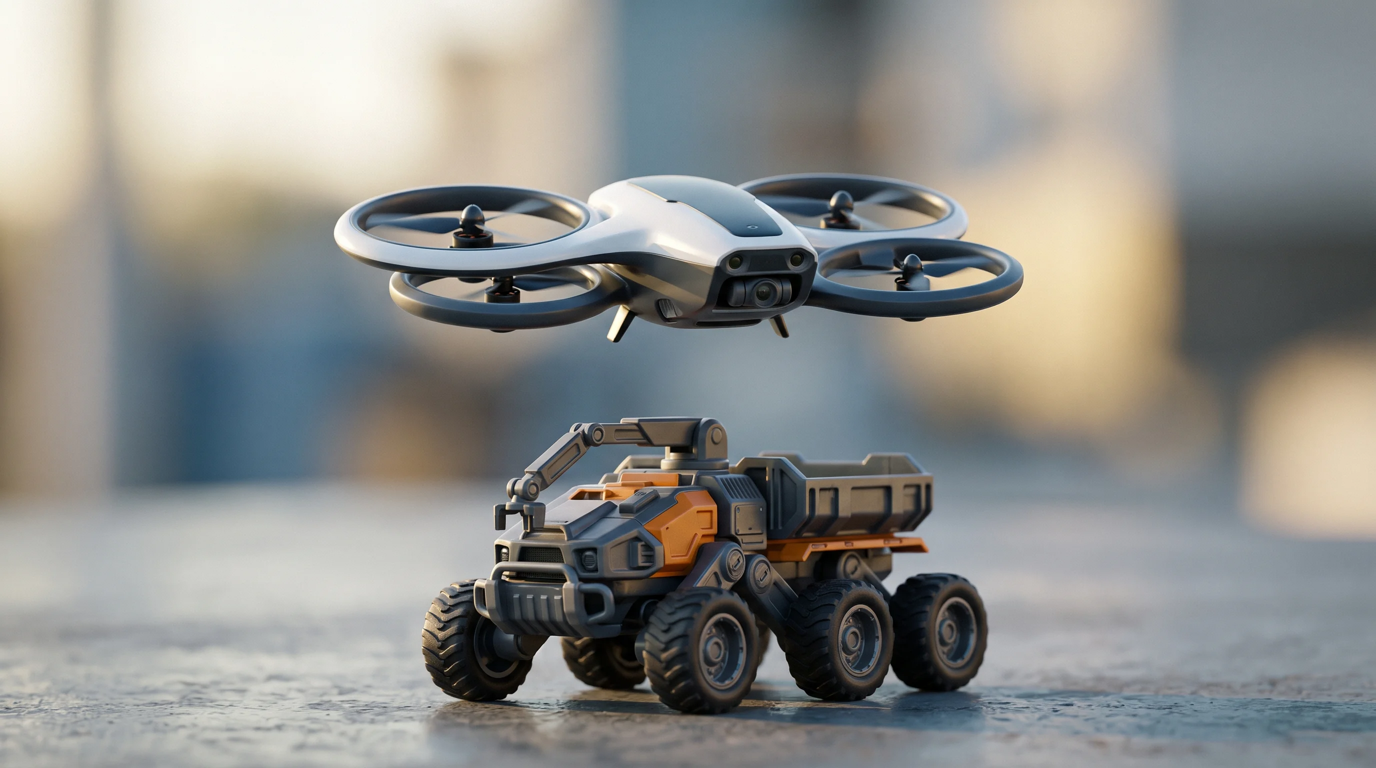 Digital illustration for article section "The Product Line" in "Terra Industries closes $52M seed for African defense tech" - A clean, minimal macro photography shot of a modern aerospace and robotics product line, featuring a...