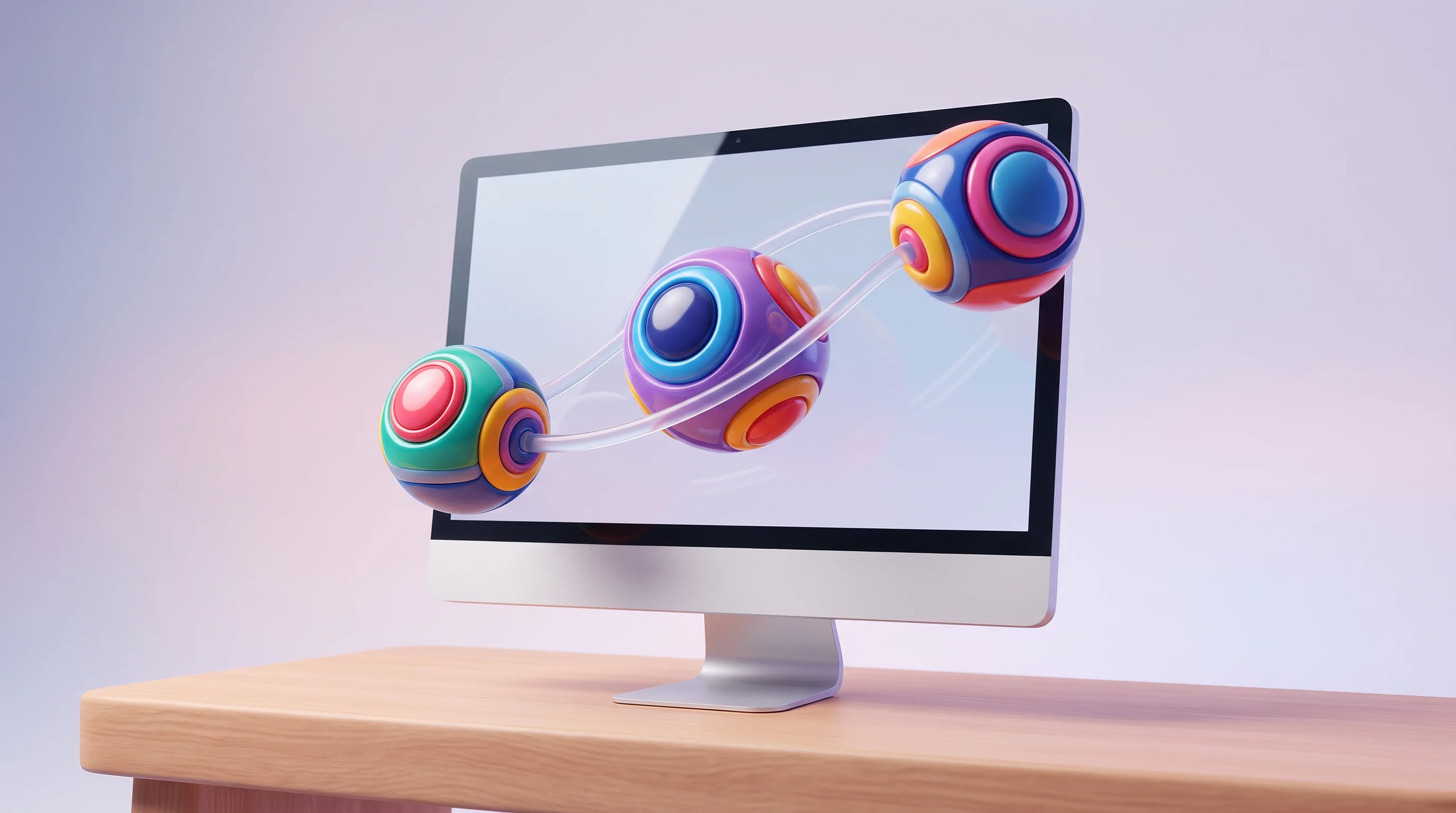 Digital illustration for article section "Content Section 2" in "Dock launches AI agent workspace to run departments" - A pristine, hyper-realistic 3D animated scene of a sleek, modern macOS desktop monitor resting on a ...