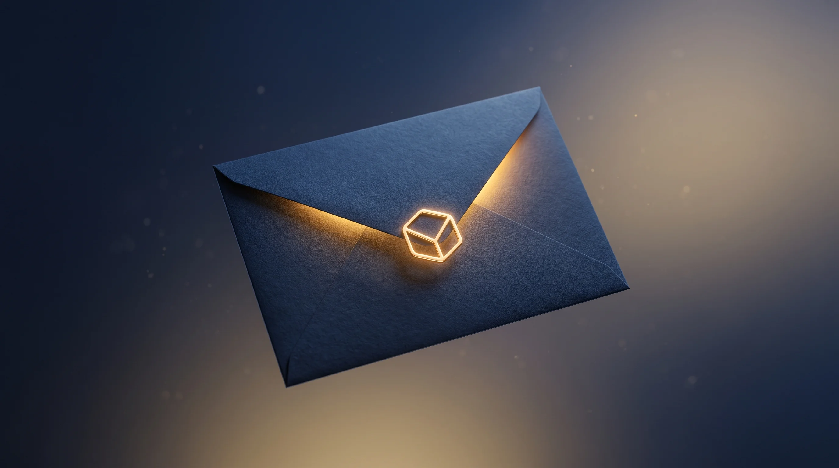 Digital illustration for article section "Content Section 3" in "Dock launches AI agent workspace to run departments" - A hyperreal 3D rendered conceptual image of a premium, elegant invitation envelope floating softly i...