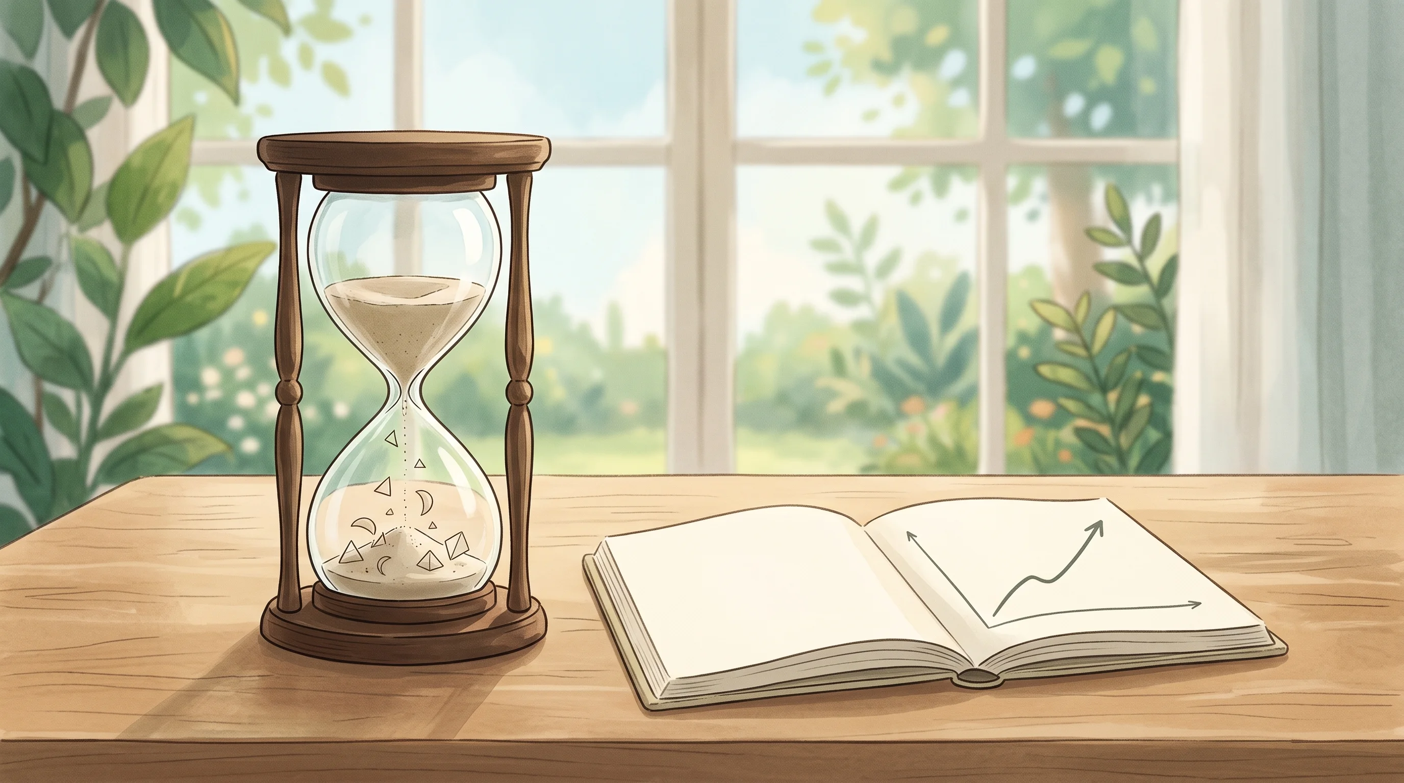 Digital illustration for article section "Content Section 3" in "EdotEnv builds self-improving AI agents from trading data" - A serene, minimalist illustration of an elegant hourglass resting on a clean wooden desk next to an ...