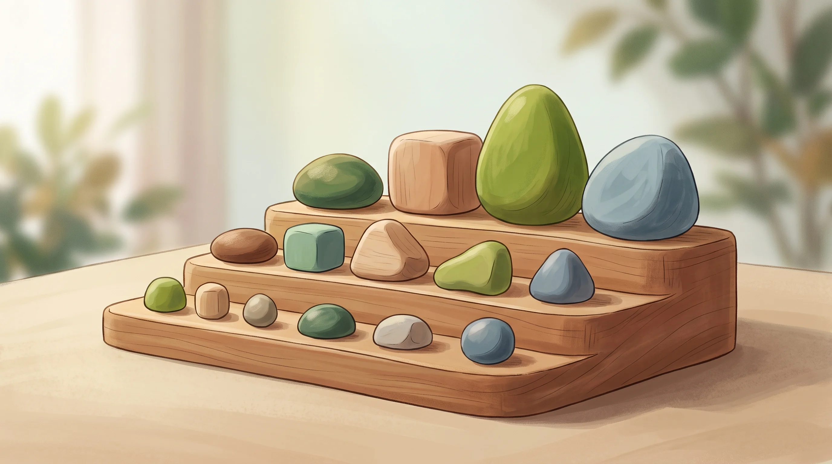 Digital illustration for article section "Content Section 5" in "EdotEnv builds self-improving AI agents from trading data" - A serene, minimalist illustration of a beautifully crafted, tiered wooden ranking display representi...