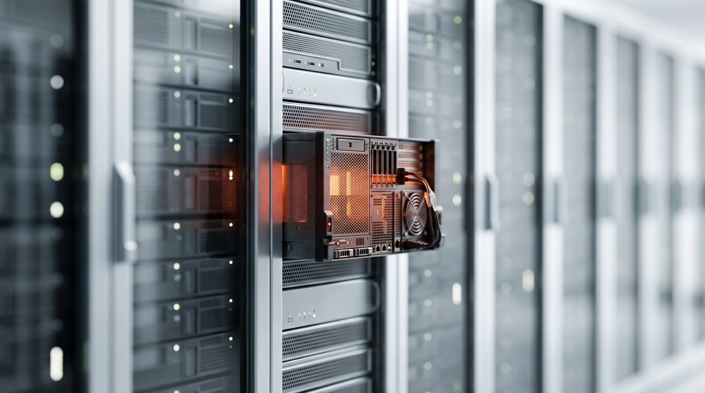Digital illustration for article section "Heat, Power, and the AI Bottleneck" in "HexSeed raises $800K to turn CO2 into diamond coatings" - A macro photography shot of a sleek, modern data center server cabinet conceptualizing the immense h...