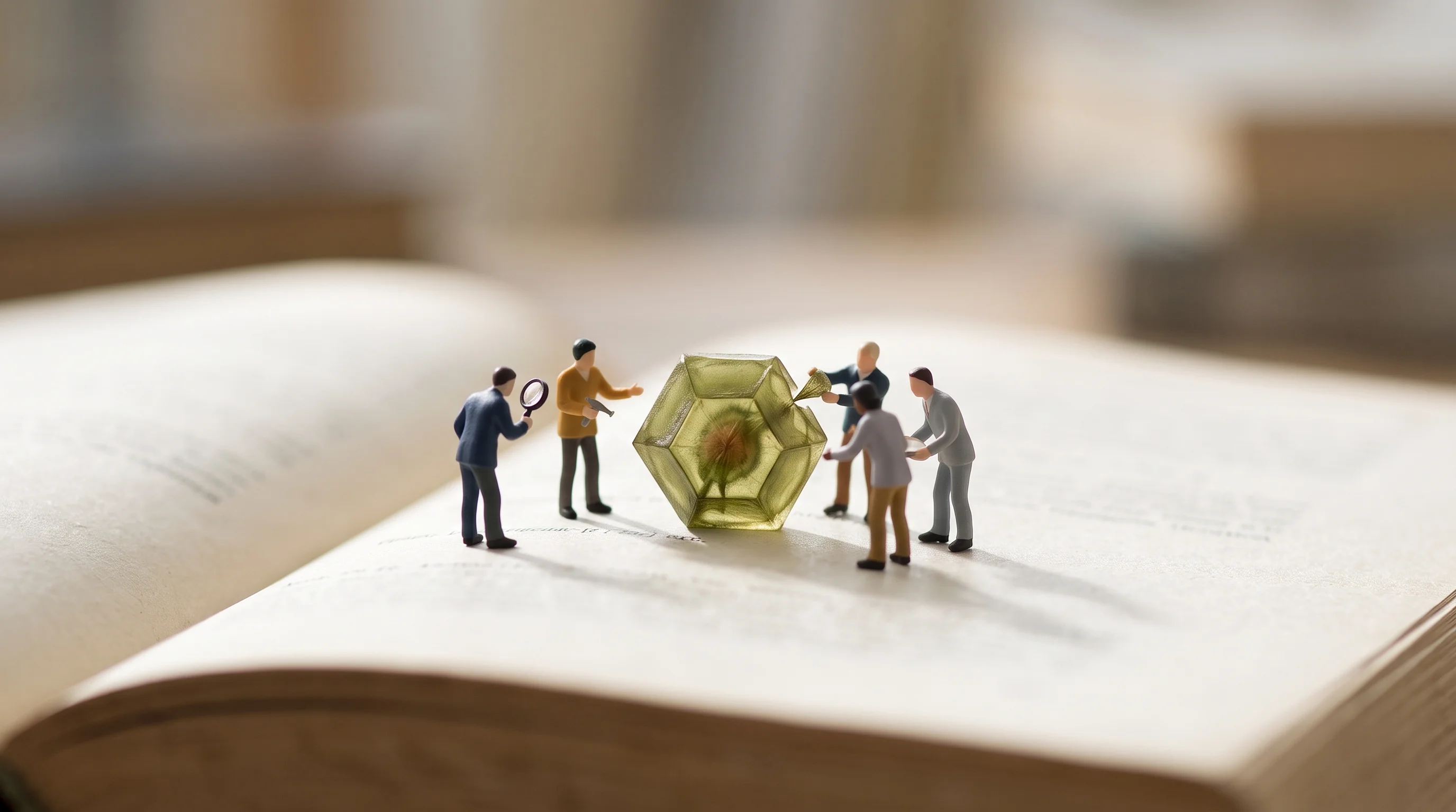 Digital illustration for article section "Team and Path Forward" in "HexSeed raises $800K to turn CO2 into diamond coatings" - A conceptual miniature photography scene capturing a small, collaborative team of abstract, unidenti...