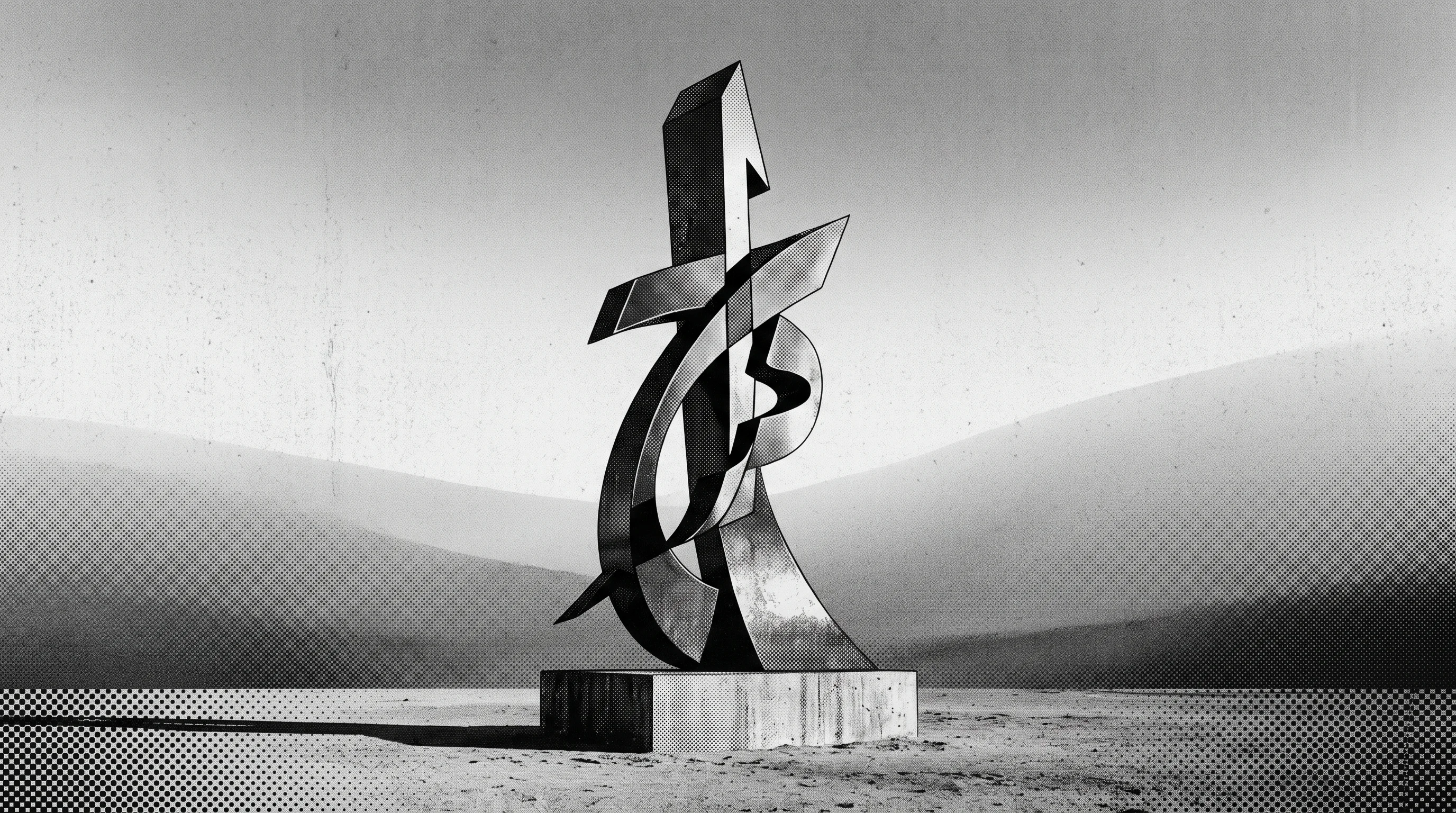 Digital illustration for article section "A crowded field for regional Arabic AI" in "Arabic.AI launches Atelier workspace for Arabic AI agents" - A minimalist and conceptual composition featuring a single, monumental abstract sculpture that elega...
