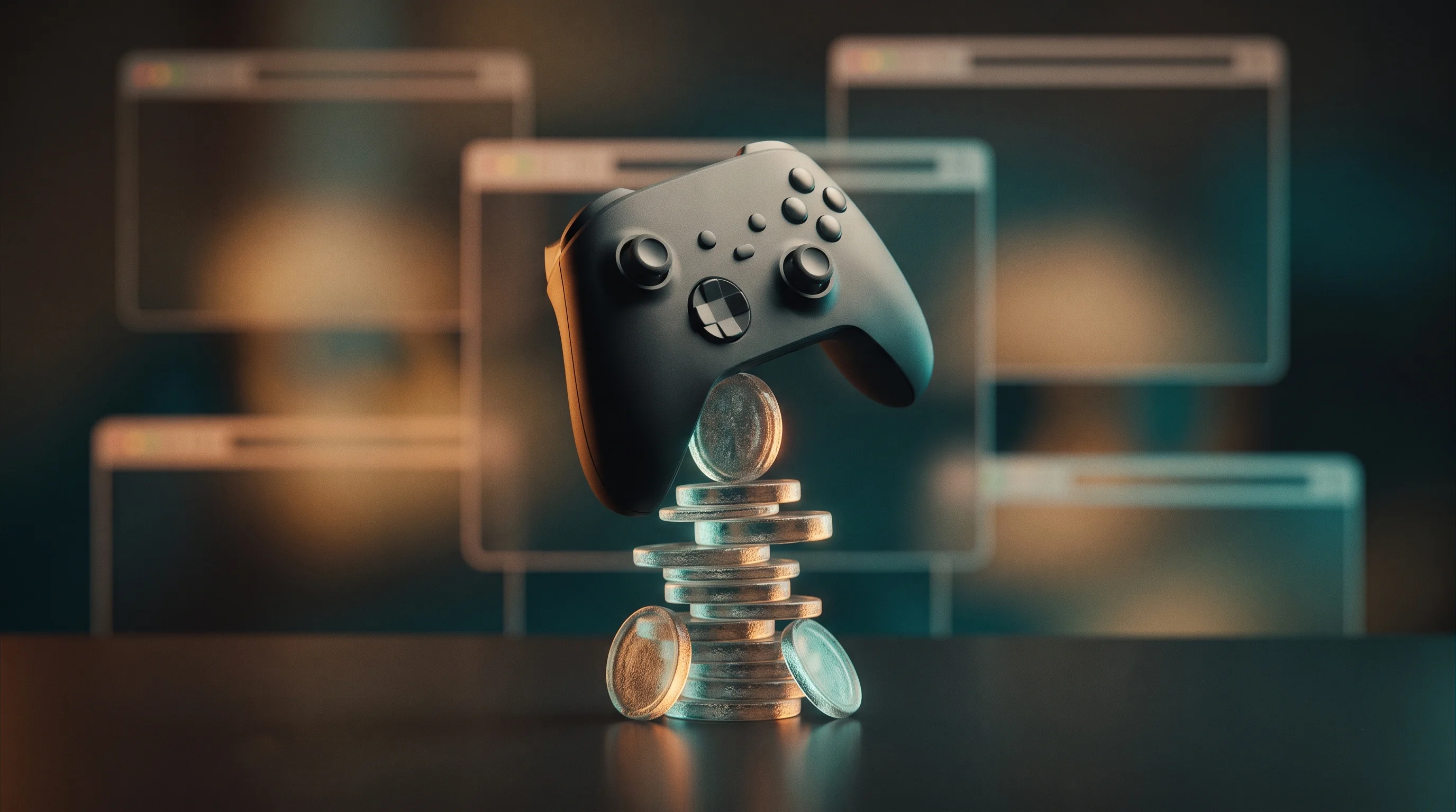 Digital illustration for article section "Crowded category, unclear economics" in "Entity raises $5.8M to bring console games to browsers" - A minimalist, conceptual image featuring a single, sleek, modern game controller balancing precariou...