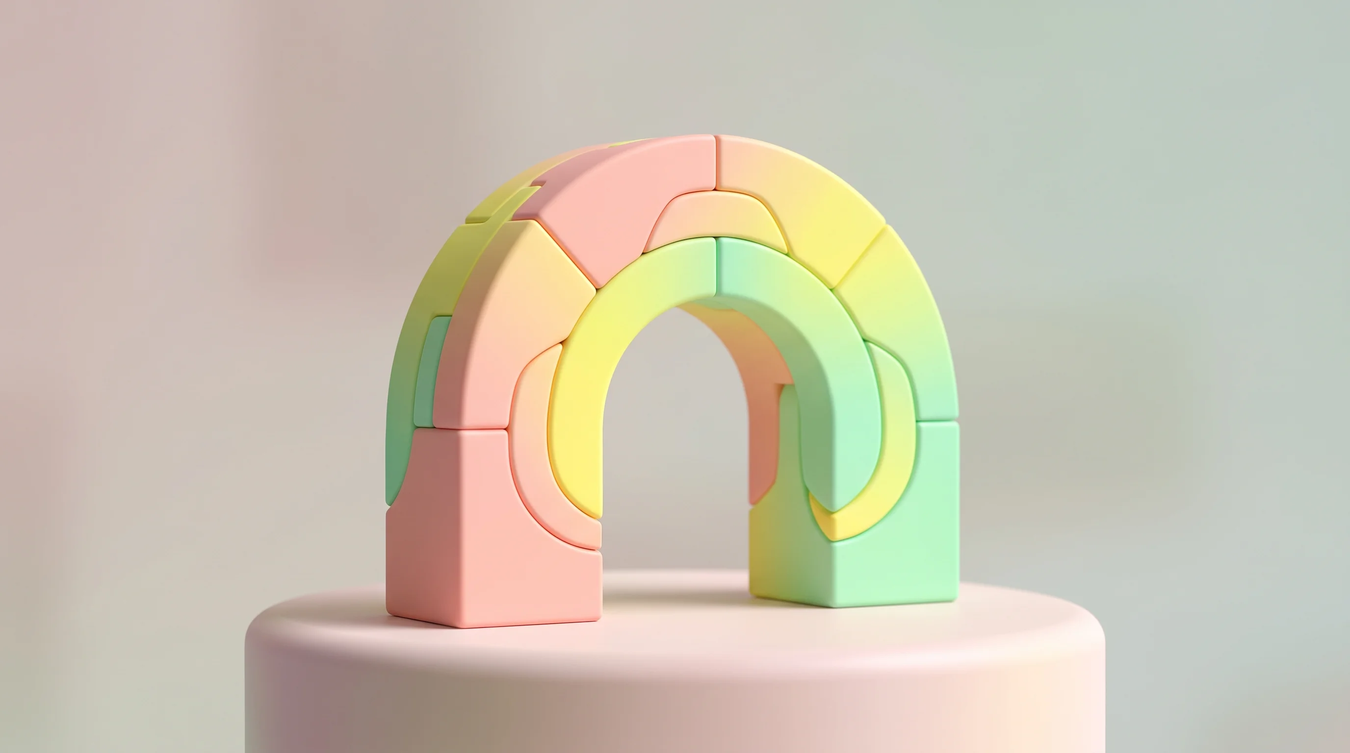Digital illustration for article section "Content Section 3" in "rekursiv.ai cuts AI benchmark costs 10,000x with robot scientists" - A pristine, elegant arch-shaped geometric puzzle representing an unbeaten benchmark and ultimate tes...