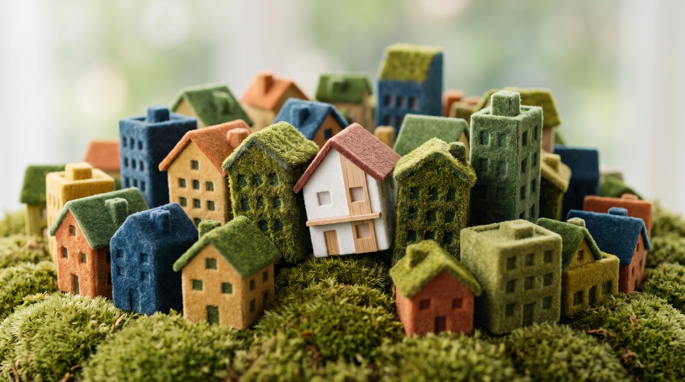 Digital illustration for article section "A Crowded Field" in "Nessoo launches AI rental platform with 25,000+ NYC units" - A conceptual macro photography shot of a crowded real estate market represented by a dense, tightly ...
