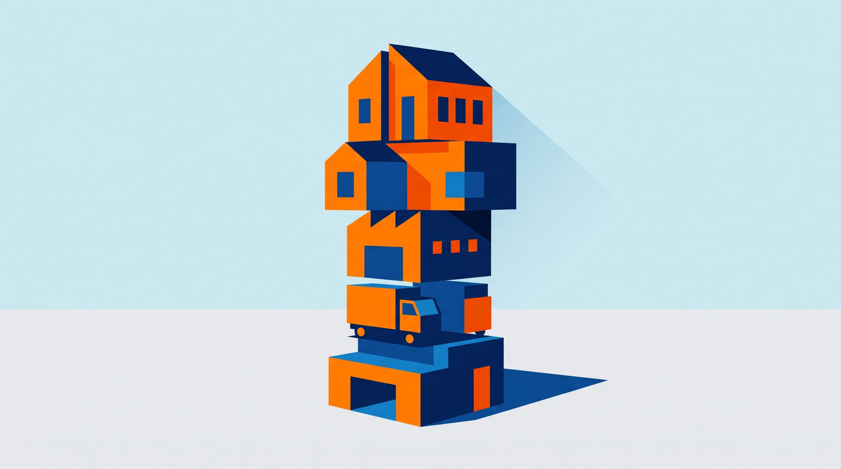Digital illustration for article section "Content Section 5" in "Digs raises $25.3M to bring AI digital twins to homebuilding" - A conceptual, modern illustration representing the control of the construction supply chain from pro...