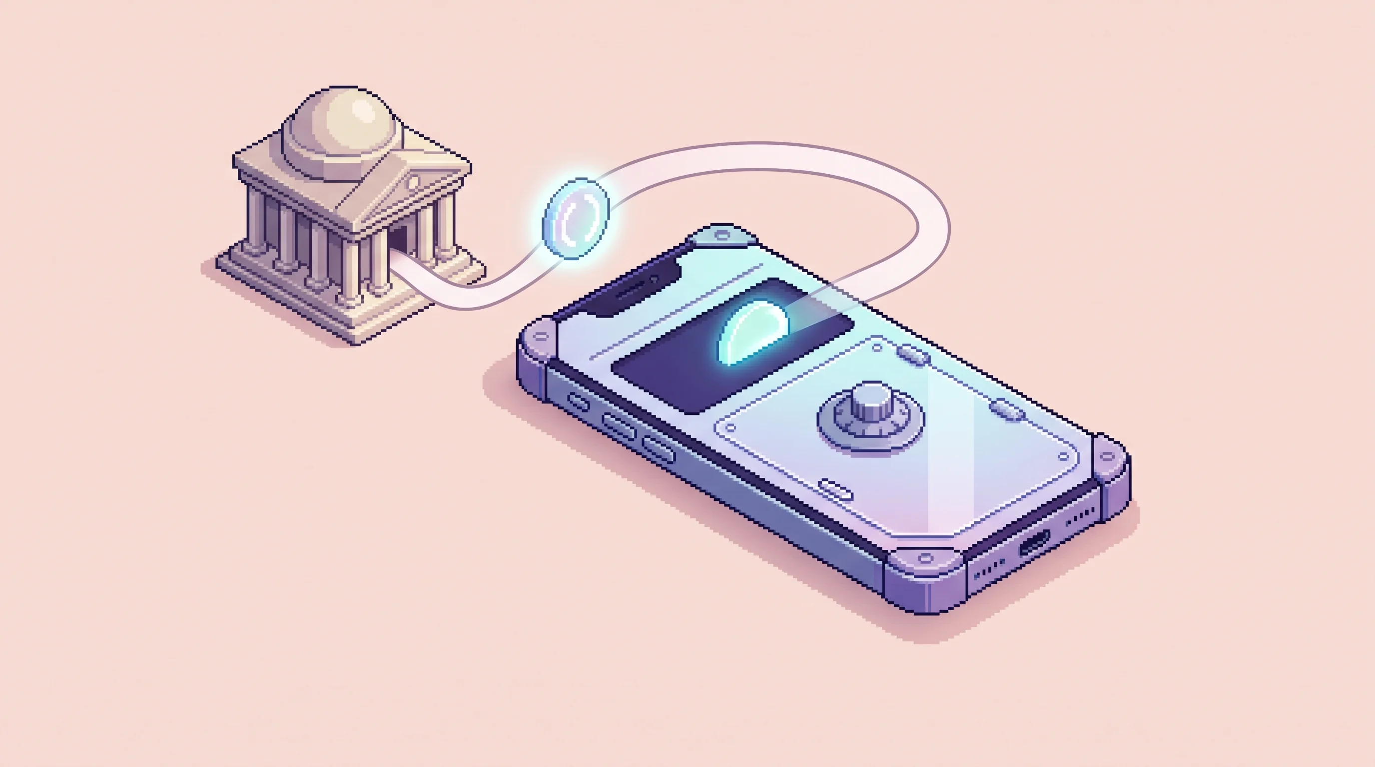 Digital illustration for article section "How It Works" in "Maash funding claim unverified amid security questions" - A clean, minimalist isometric pixel art illustration representing a secure financial transaction flo...