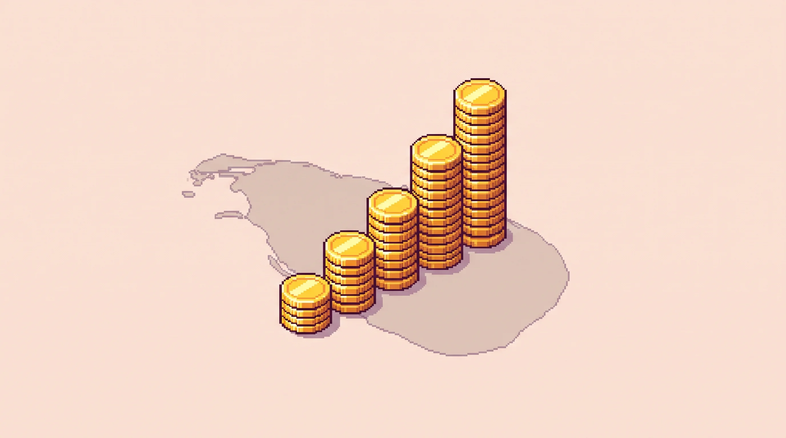 Digital illustration for article section "Why Sri Lanka" in "Maash funding claim unverified amid security questions" - A clean, minimalist isometric pixel art illustration of a rising stack of golden coins forming an up...