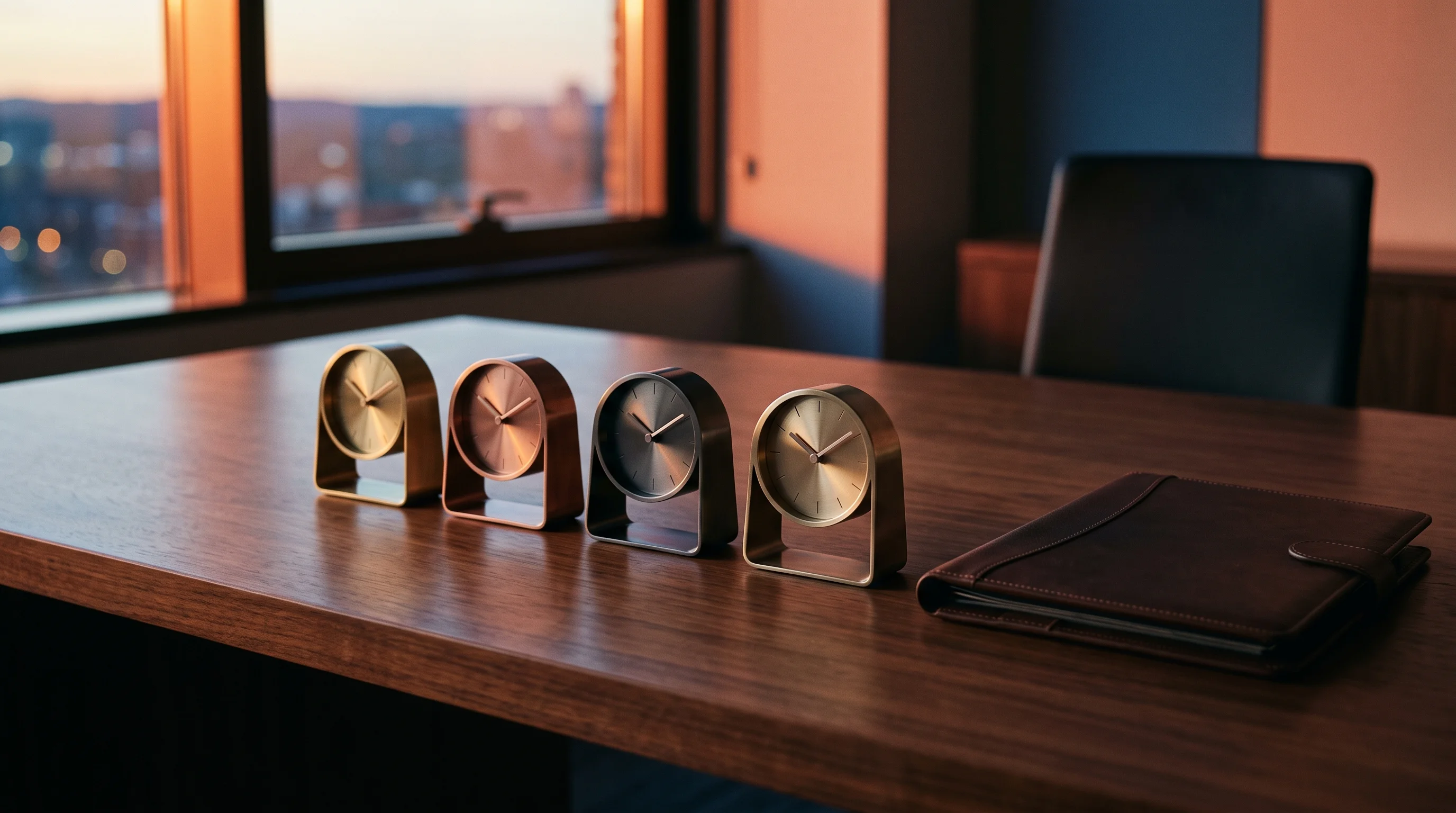 Digital illustration for article section "Content Section 3" in "Newcode.ai raises $13.5M to expand legal AI platform in US" - A clean, minimalist composition of a sleek executive wooden desk featuring four elegant, abstract me...