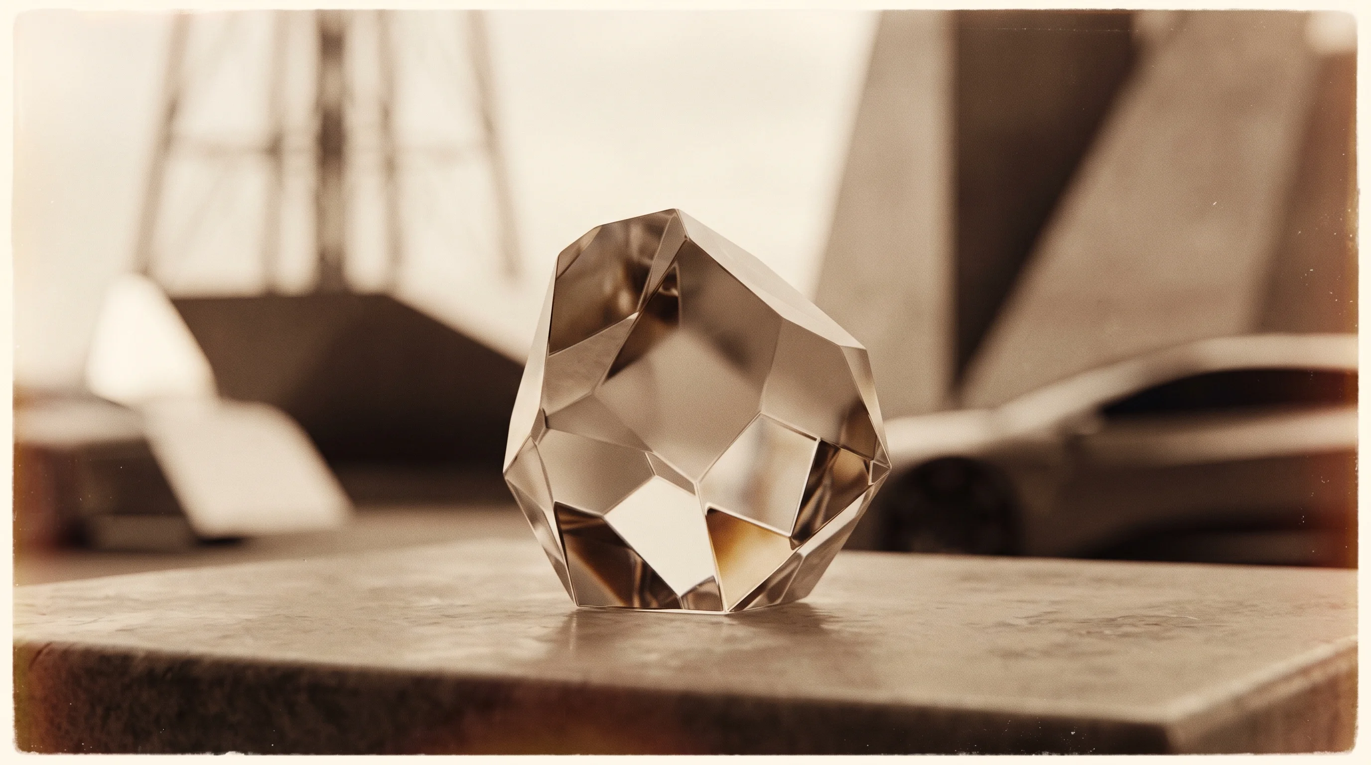 Digital illustration for article section "Gallium Oxide Gamble" in "CubeFabs raises $6.6M to build AI-powered semiconductor fabs" - A conceptual and minimalist composition featuring a single, beautifully faceted crystalline structur...