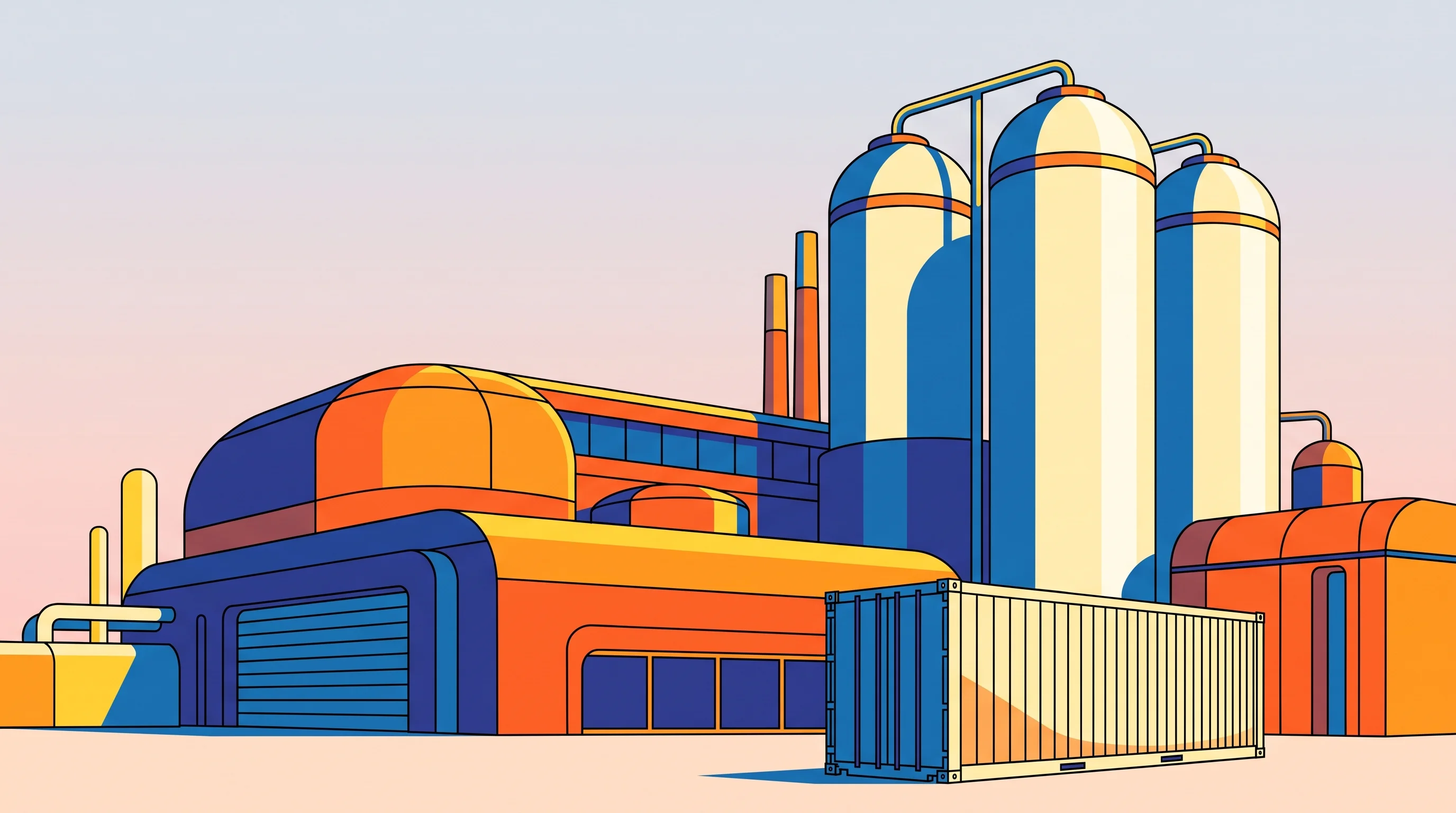 Digital illustration for article section "Content Section 3" in "Actinide becomes first startup to produce HALEU fuel" - A sleek, conceptual illustration of a modern commercial clean energy enrichment plant representing L...
