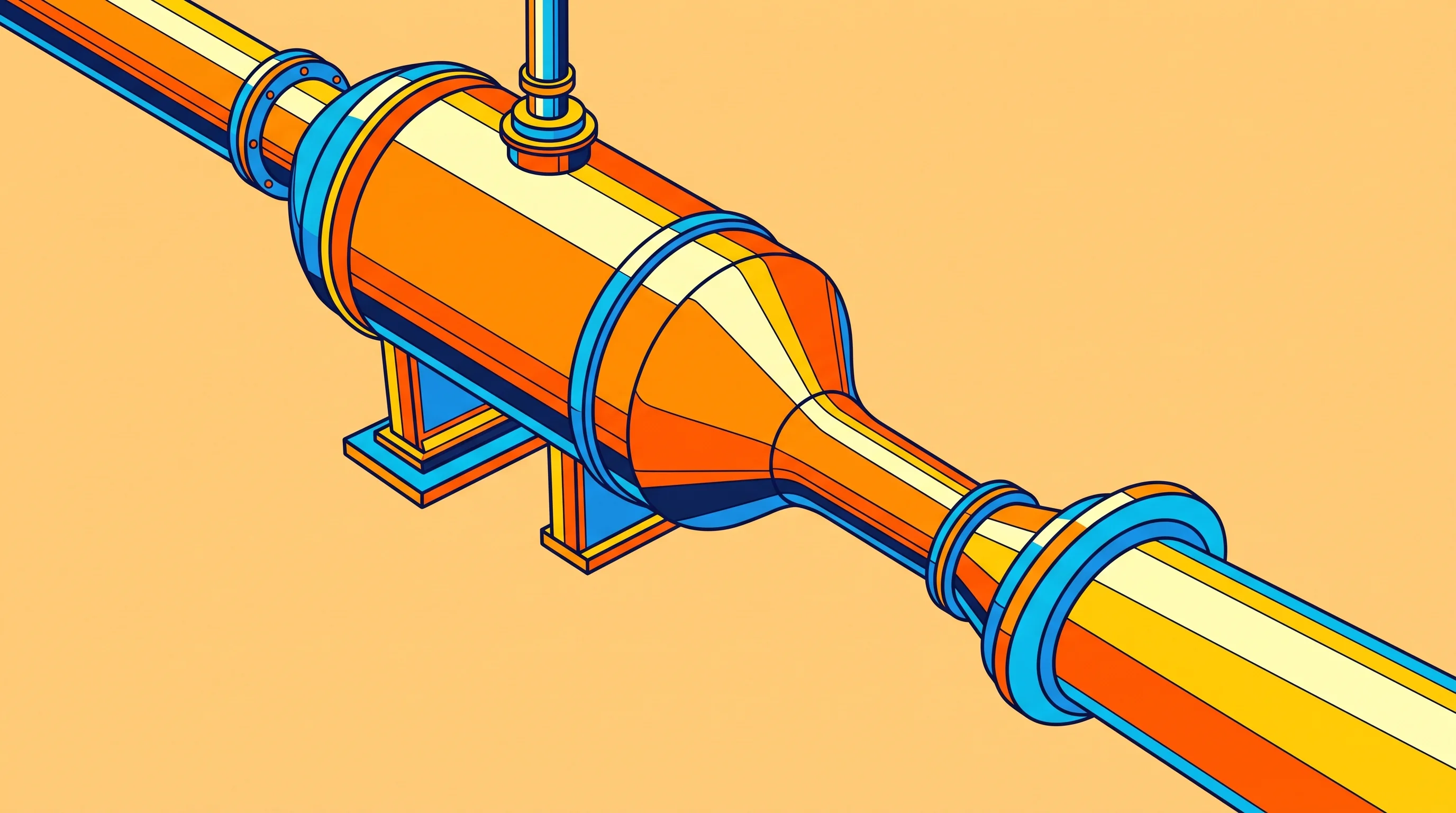Digital illustration for article section "Content Section 5" in "Actinide becomes first startup to produce HALEU fuel" - A conceptual illustration of an energy supply chain bottleneck, featuring a clean, retro-futuristic ...
