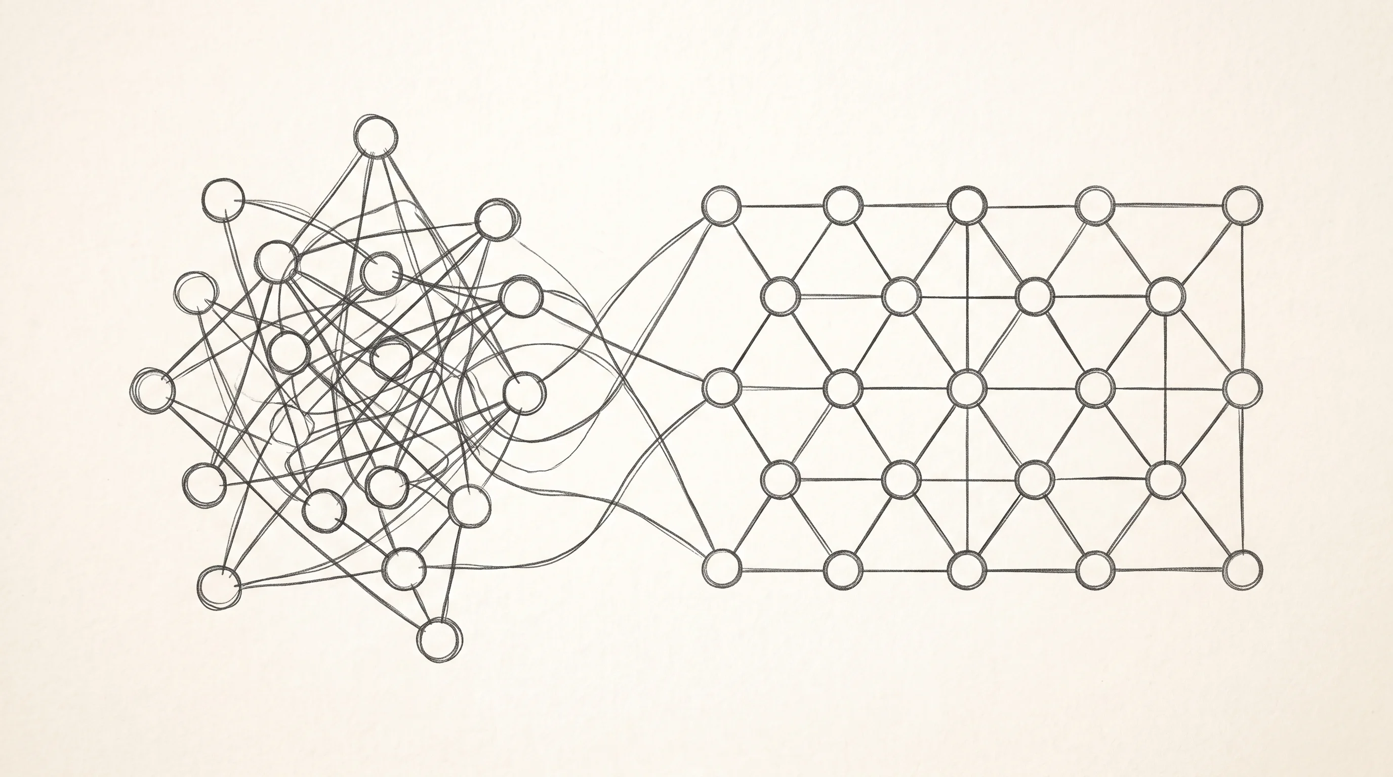 Digital illustration for article section "Content Section 3" in "LatticeDB launches open-source SQLite for graph databases" - A minimalist conceptual illustration of a tangled, chaotic cluster of circular nodes and connecting ...