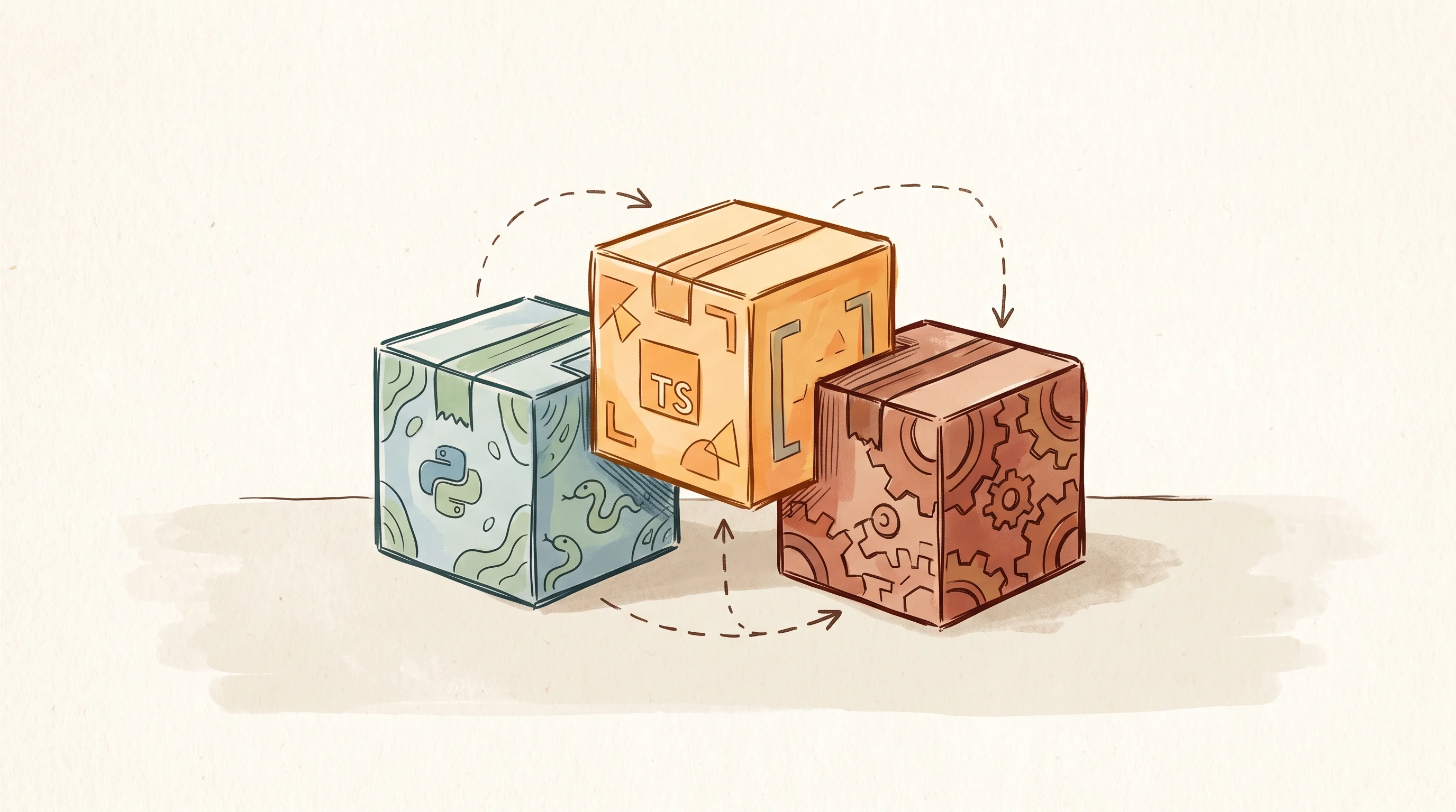 Digital illustration for article section "Content Section 5" in "LatticeDB launches open-source SQLite for graph databases" - A clean, minimal composition featuring three distinct, stylized modular boxes or shipping crates nea...