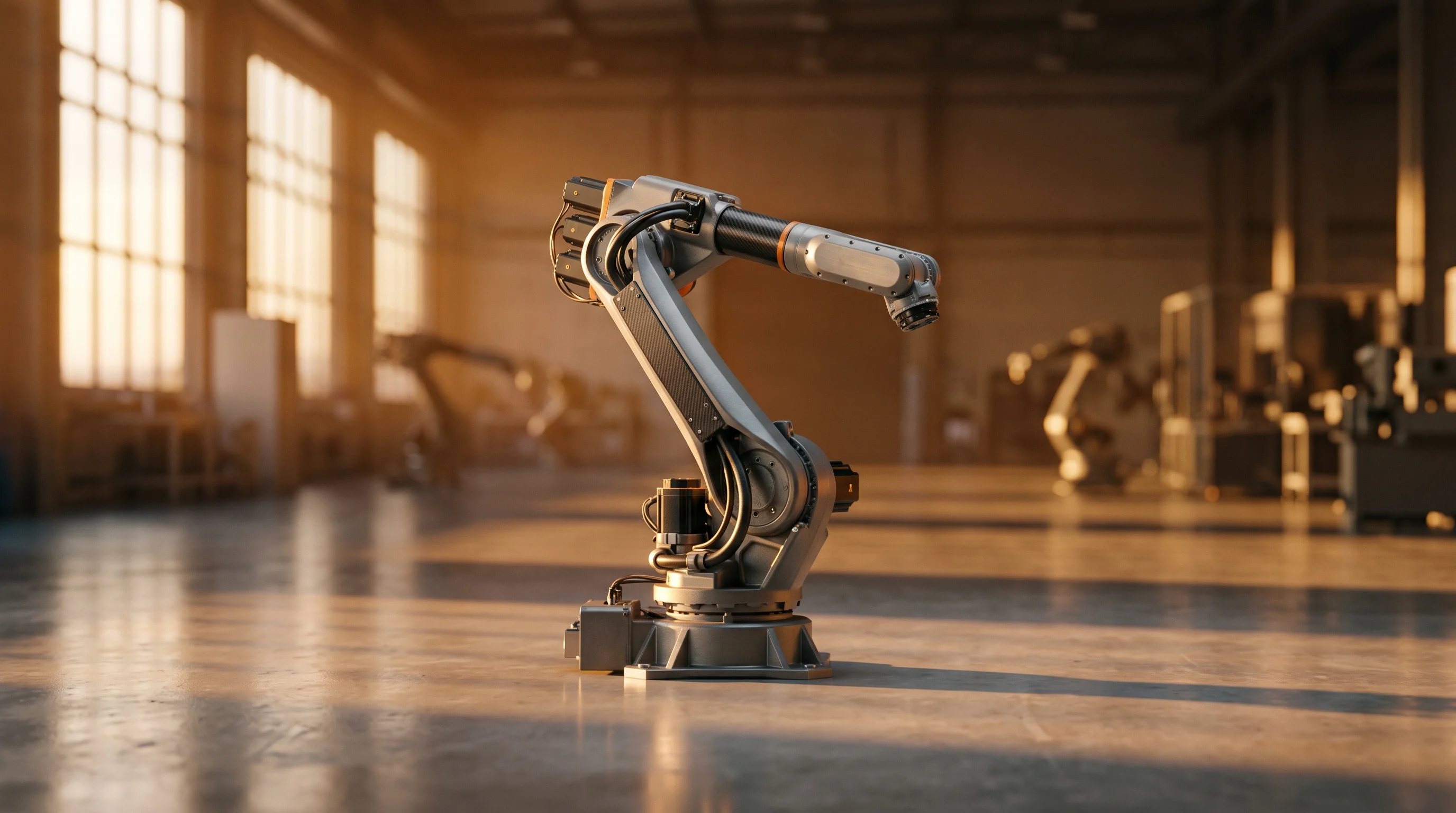 Digital illustration for article section "Content Section 2" in "Motion raises $2M to bring humanoid robots to factories" - A cinematic photography shot of a sleek, modern industrial robot standing as the central focal point...