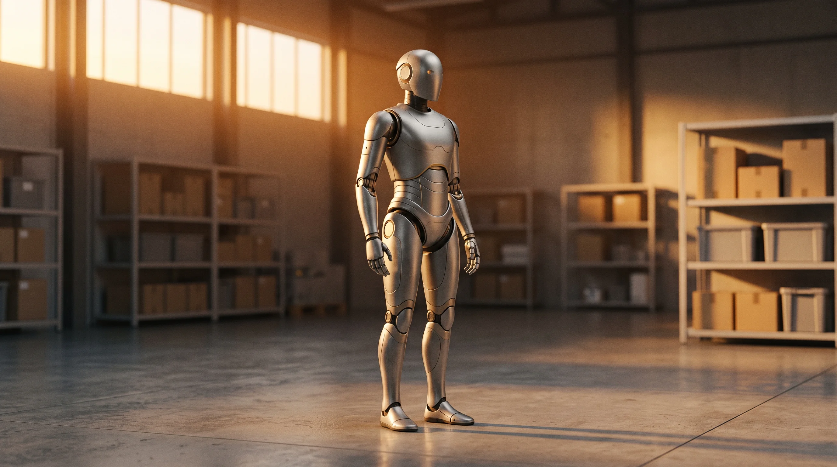 Digital illustration for article section "Content Section 3" in "Motion raises $2M to bring humanoid robots to factories" - A cinematic, retro-futuristic photograph of a sleek, minimalist humanoid robot standing gracefully i...