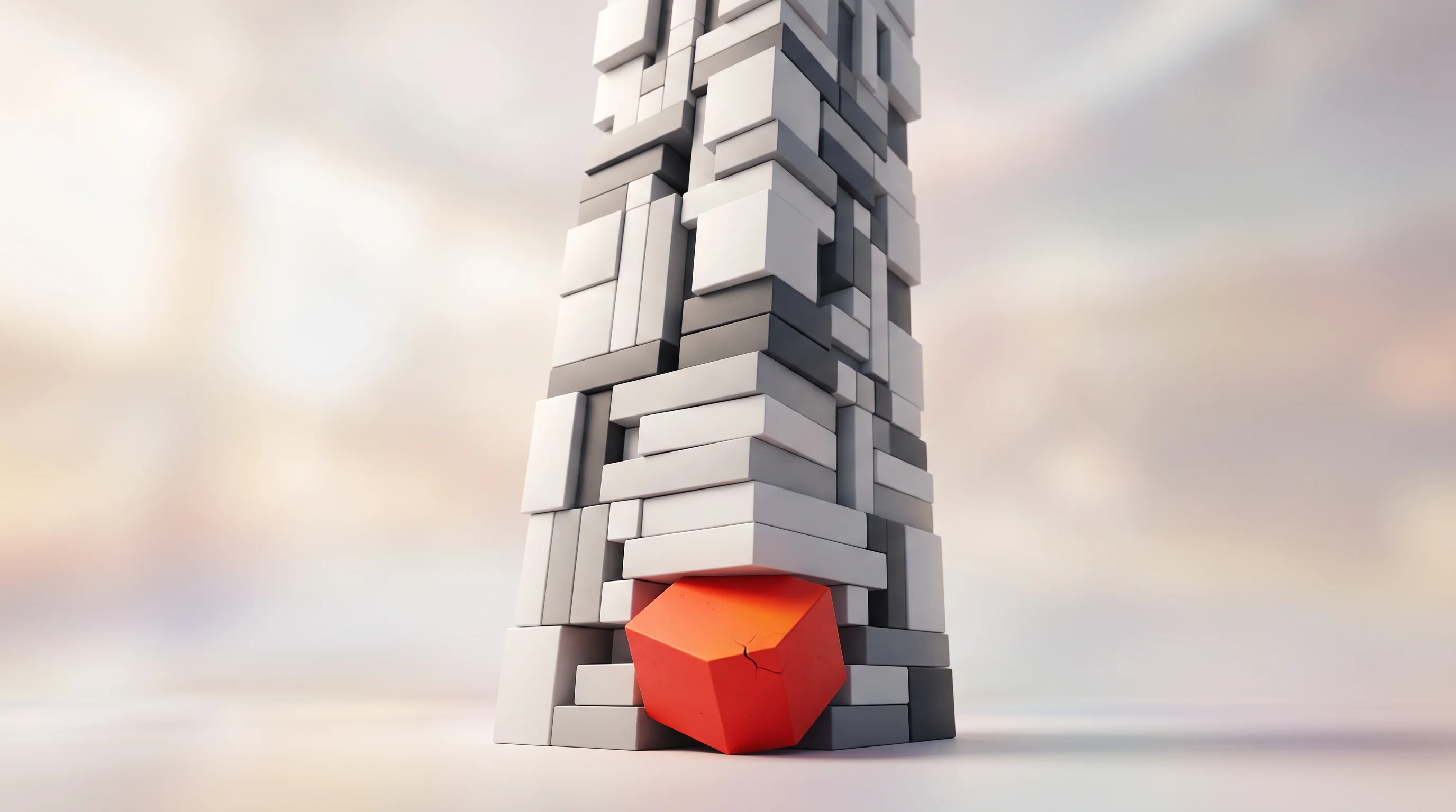 Digital illustration for article section "Content Section 3" in "Palisade launches AI to detect OS vulnerabilities in minutes" - A hyperrealistic 3D rendered conceptual image illustrating the delicate engineering risks of kernel-...