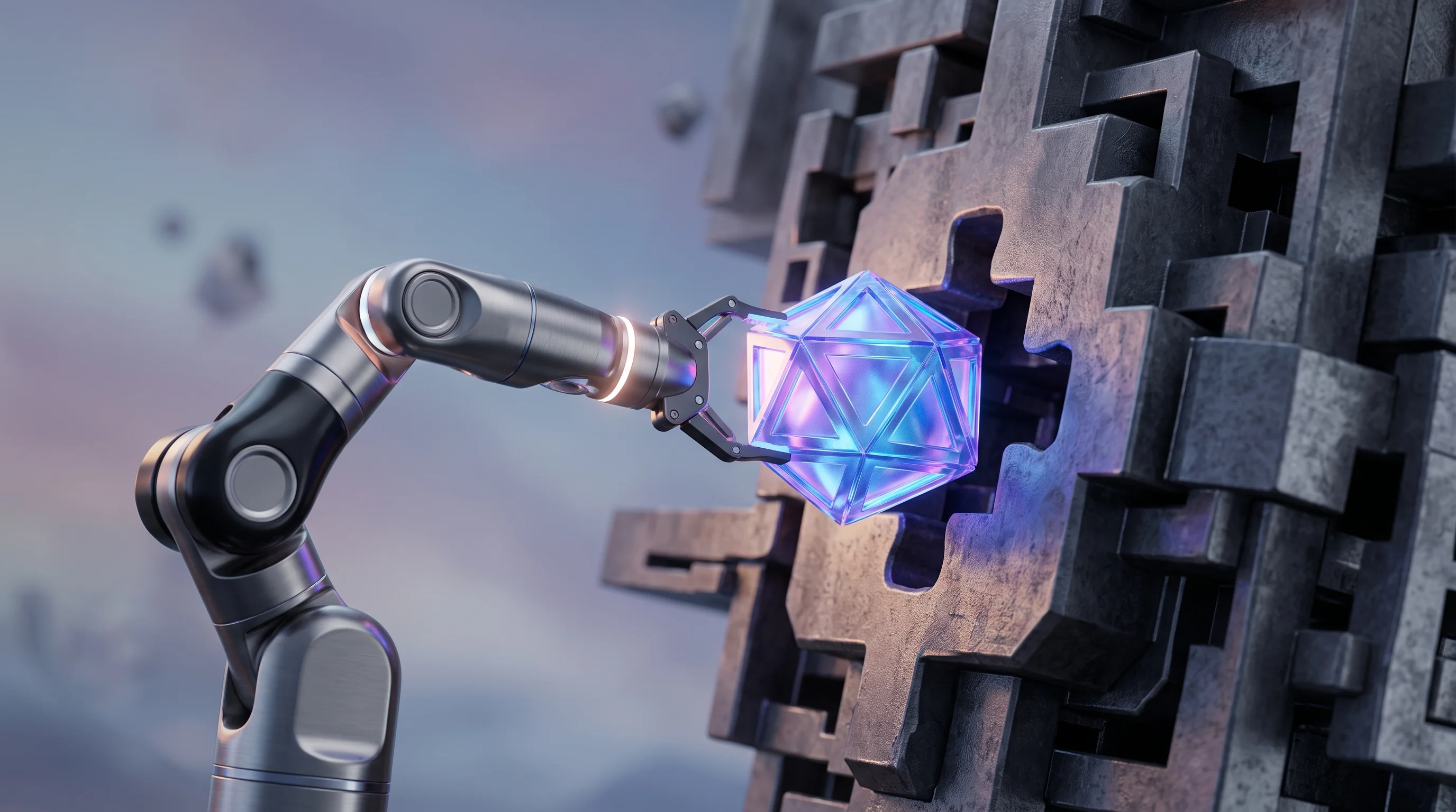 Digital illustration for article section "Content Section 4" in "Palisade launches AI to detect OS vulnerabilities in minutes" - A sleek, modern, automated mechanical arm effortlessly slotting a brightly glowing, oversized geomet...