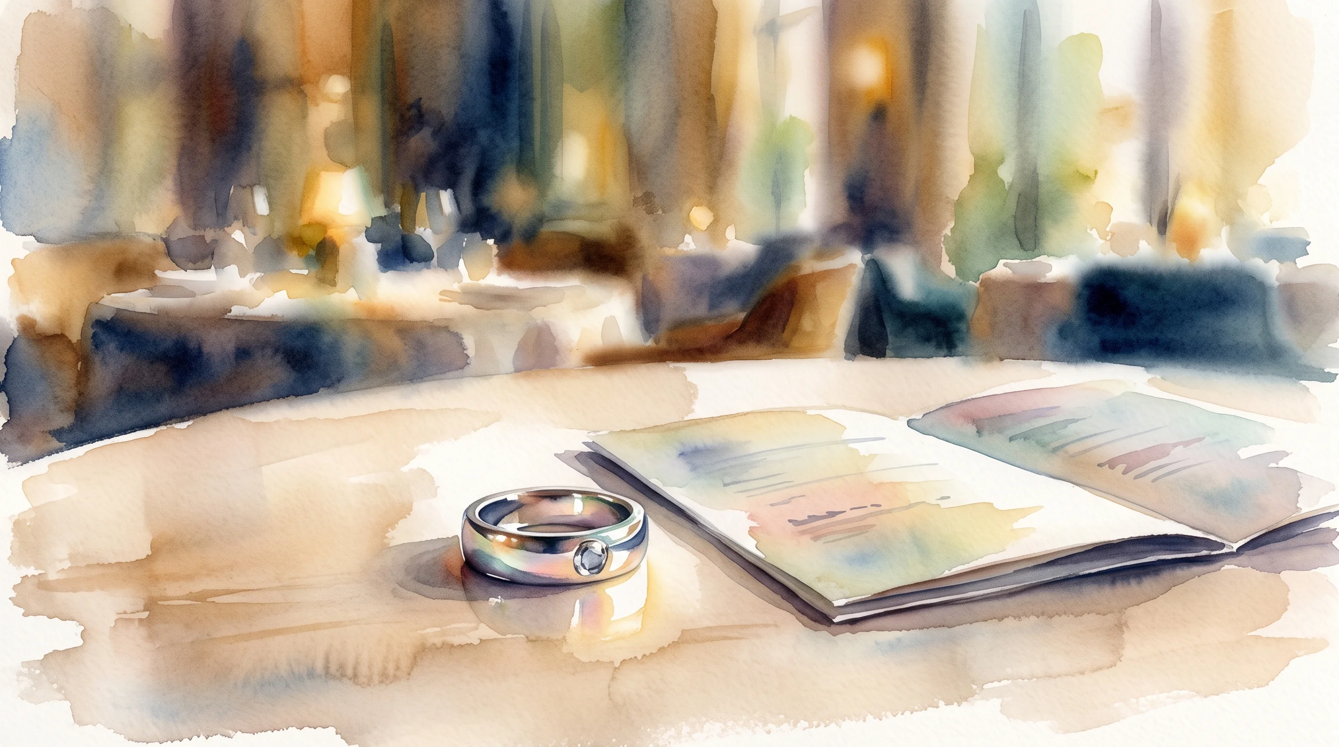 Digital illustration for article section "Content Section 3" in "Marble launches AI back-office OS for restaurants" - A sleek, modern metallic smart ring resting gracefully on a smooth, minimalist dining table next to ...