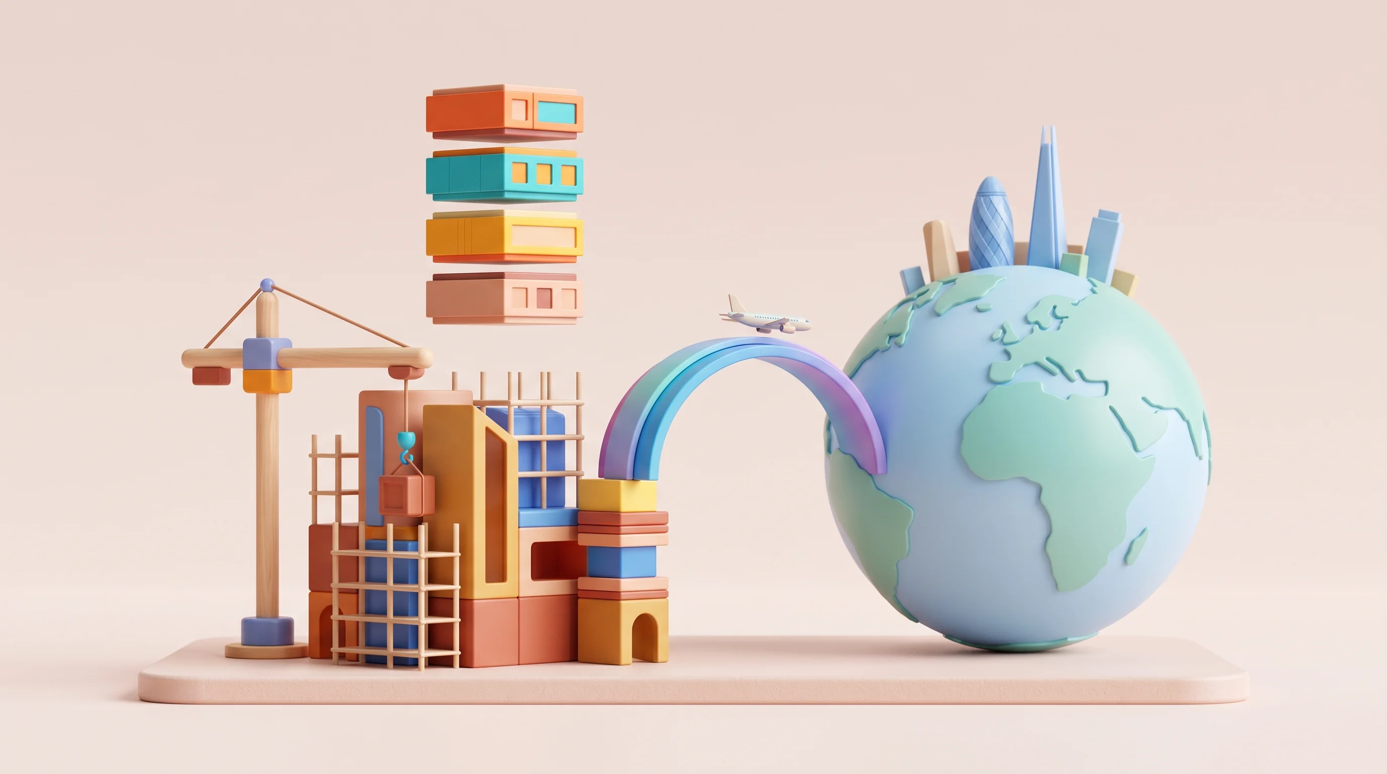 Digital illustration for article section "Building in Johannesburg, Selling Globally" in "Verascient raises $1.2M for enterprise AI agent platform" - A conceptual 3D cartoon miniature model representing global business expansion and software engineer...