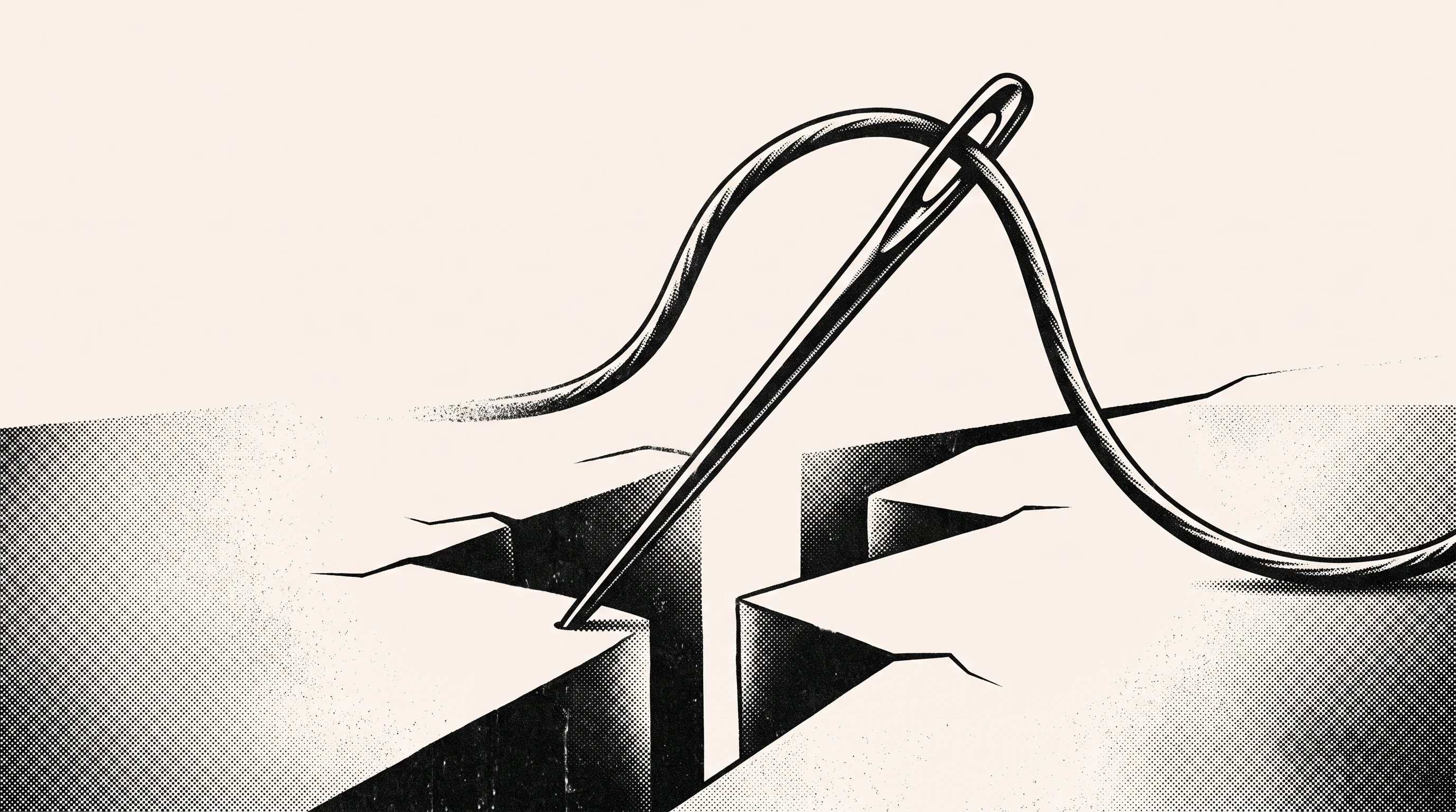 Digital illustration for article section "Threading a market needle" in "Speko launches voice AI router to optimize STT, LLM, TTS" - A striking, conceptual illustration of a sleek, oversized needle being threaded by a thick, dynamic ...