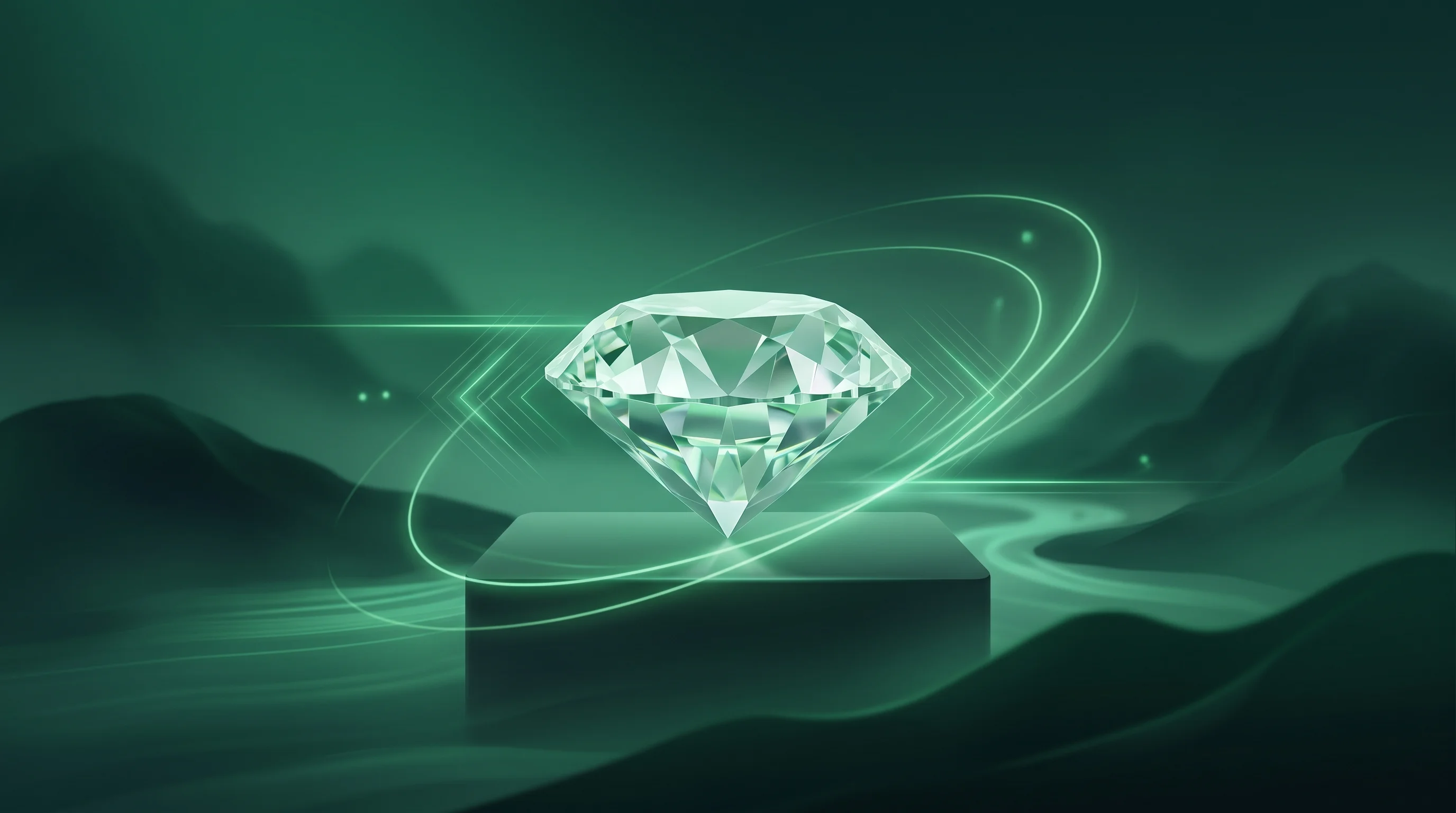 Digital illustration for article section "Quantum Sensors as a Parallel Path" in "Kara Labs ships diamond wafers for AI data center cooling" - A pristine, faceted diamond structure serves as the central focal point, representing a nitrogen-vac...