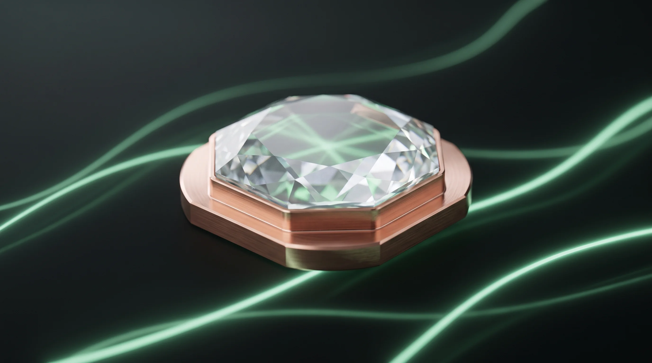 Digital illustration for article section "What Adoption Looks Like" in "Kara Labs ships diamond wafers for AI data center cooling" - A pristine, minimalist close-up of a faceted diamond heat spreader elegantly integrated into a smoot...