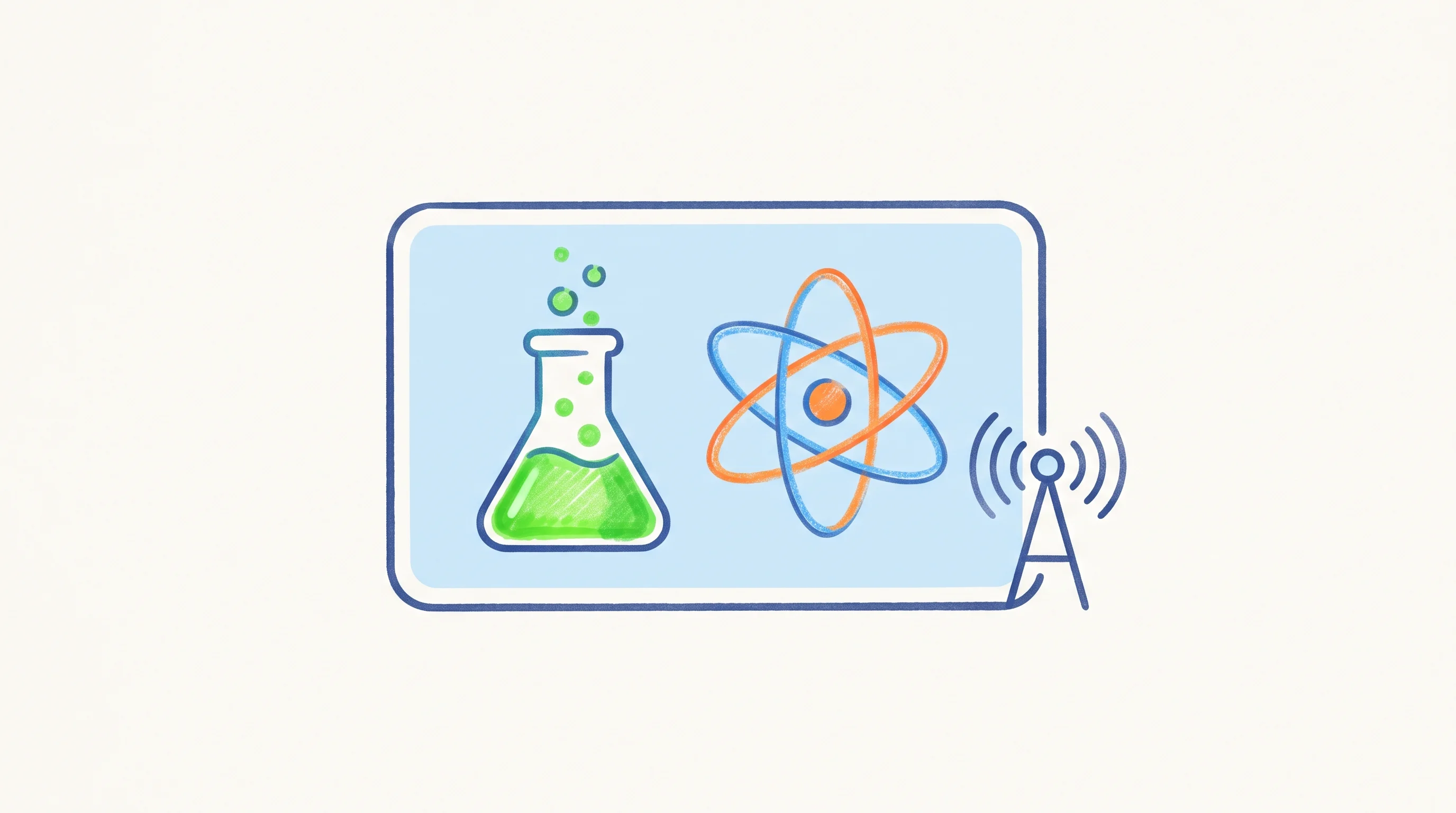 Digital illustration for article section "Content Section 3" in "Familiar launches AI dubbing that works in real time" - A clean, minimal composition representing a live science video broadcast, featuring a simplified fla...