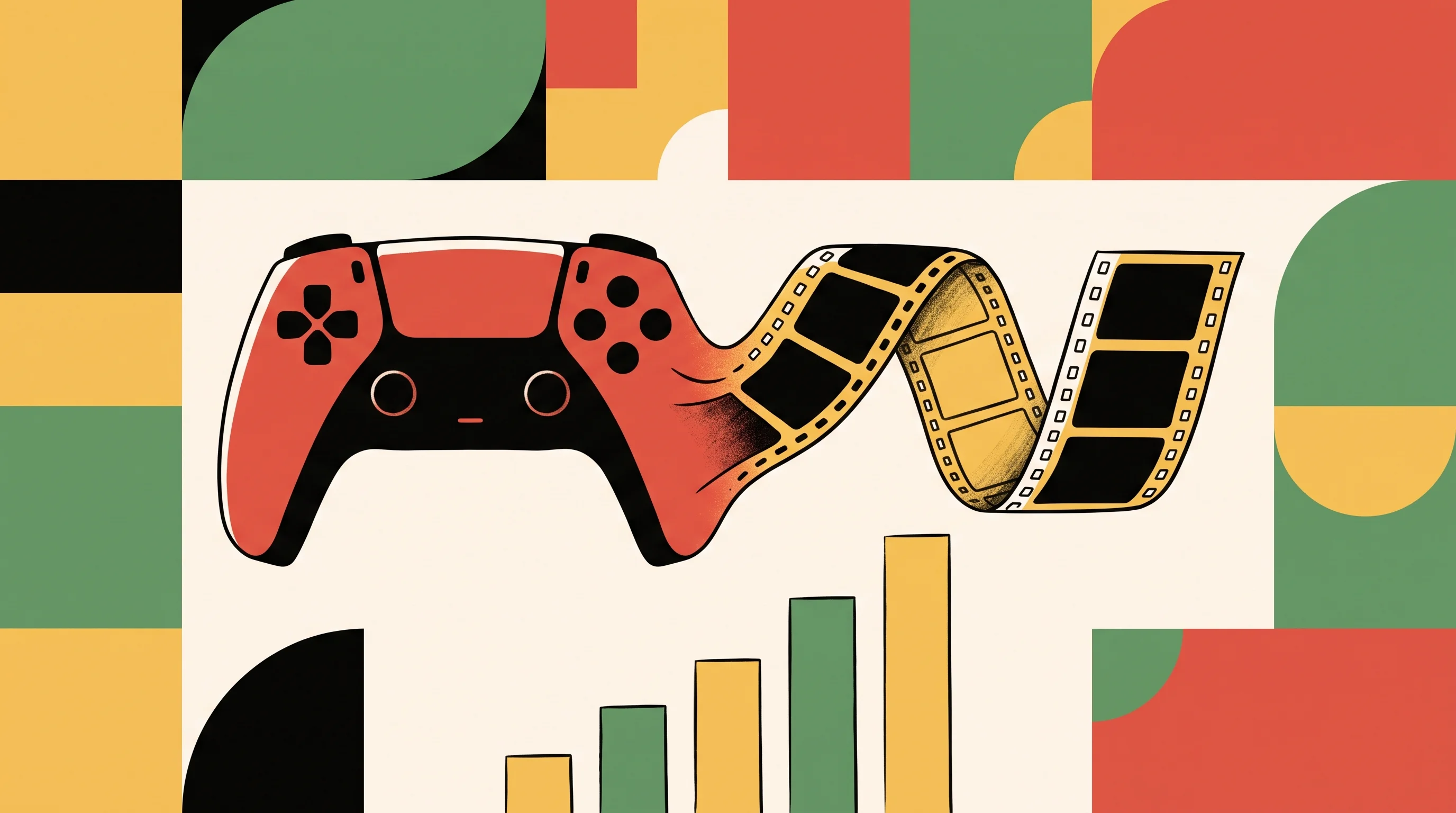 Digital illustration for article section "From Gaming Revenue to Animated Shorts" in "MOCHI.TV launches vertical anime shorts for mobile Gen Z viewers" - A minimalist illustration showcasing a conceptual transition from gaming revenue to animated shorts,...