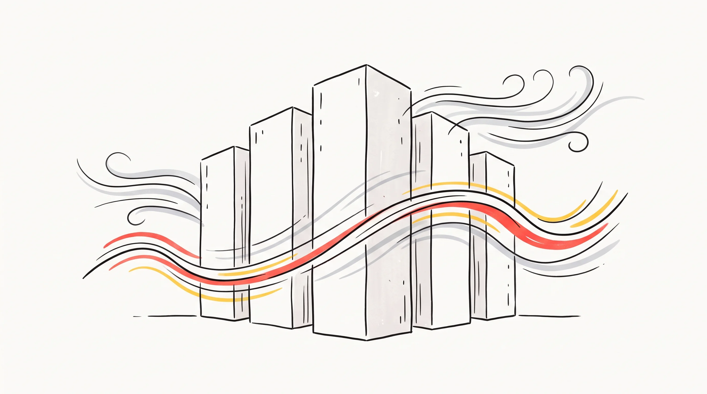 Digital illustration for article section "Bigger Game: Data Centers" in "Edviro launches AI that saved $400K in building energy" - A minimalist, hand-drawn conceptual illustration of tall, simplified rectangular server towers repre...