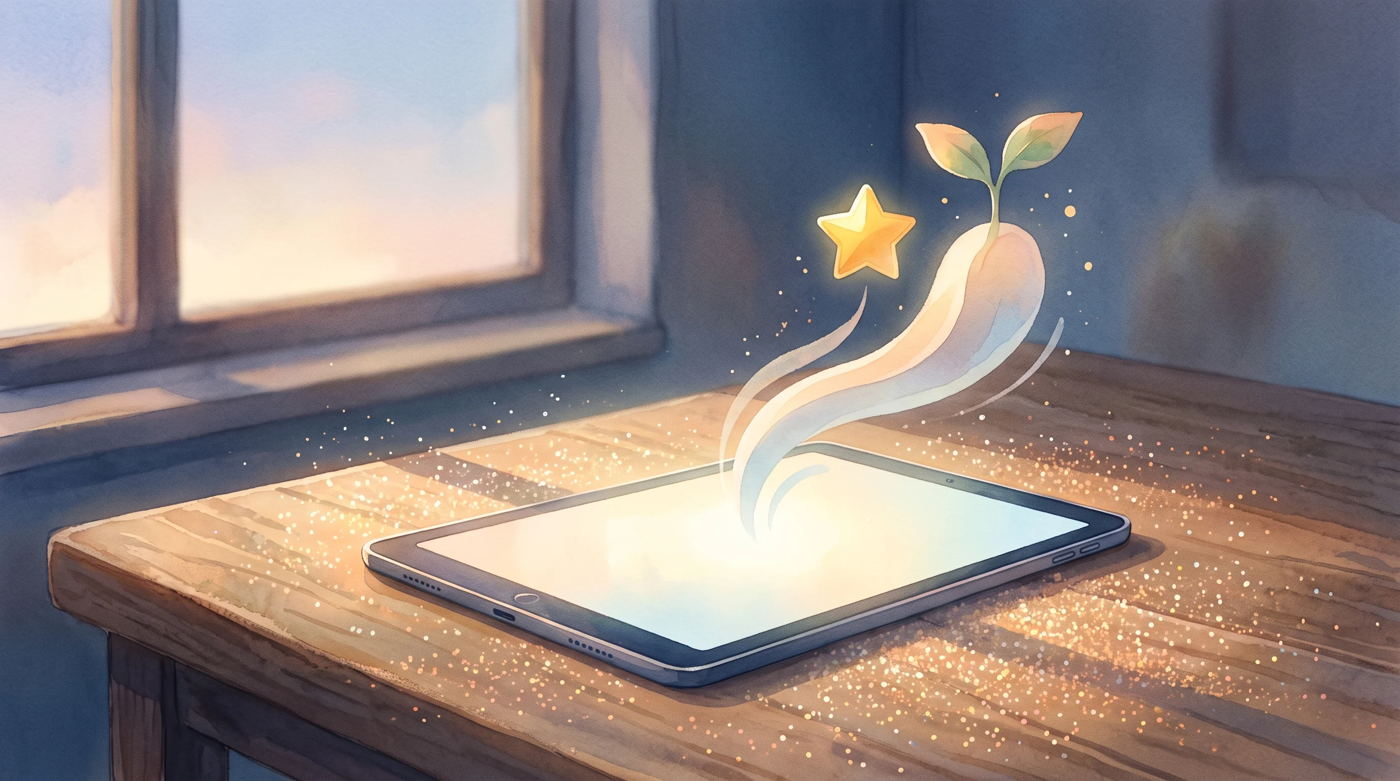 Digital illustration for article section "Early Results and Go-to-Market Strategy" in "Bloomy launches AI tutor for K-12 with mastery-based learning" - A minimalist and conceptual illustration of a modern digital tablet resting on a warm wooden desk ne...