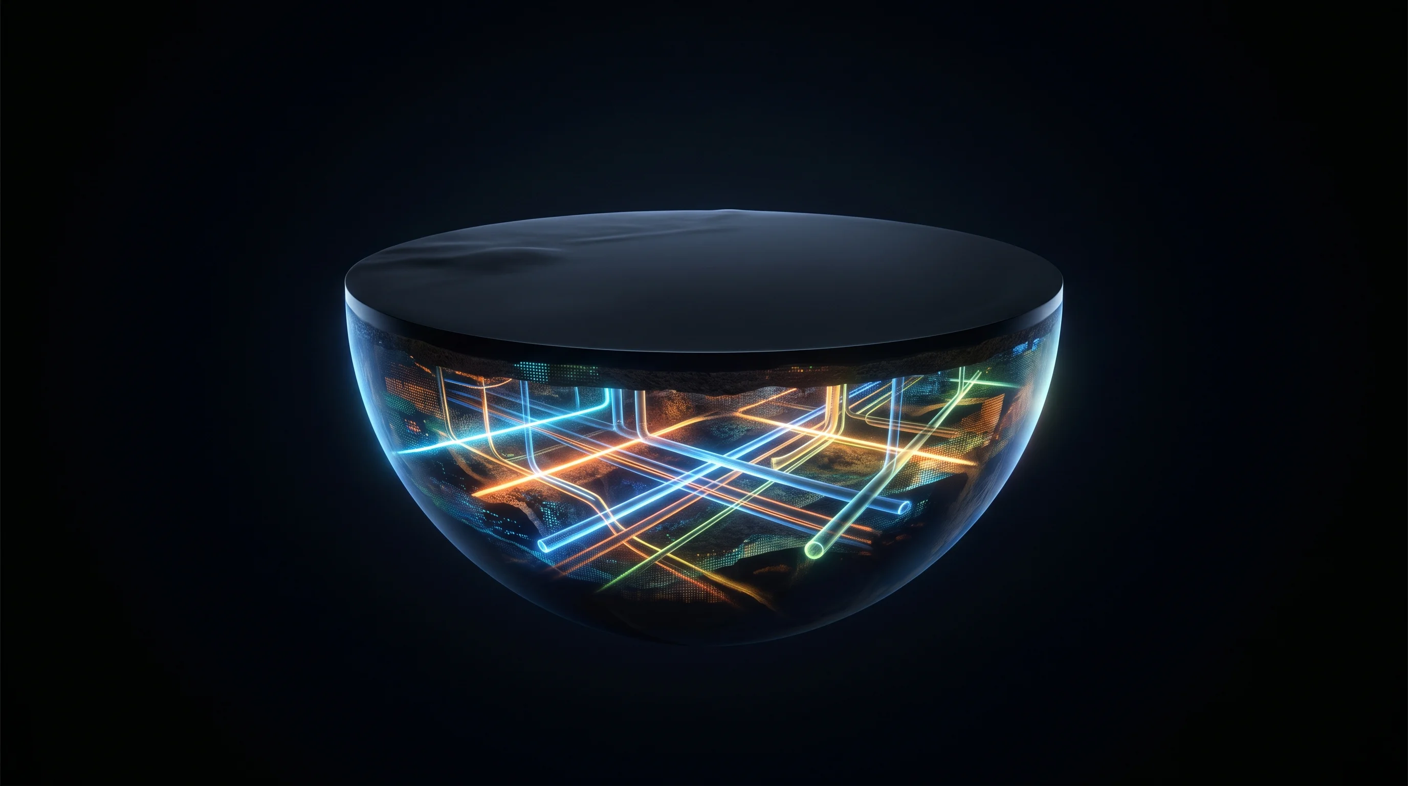 Digital illustration for article section "Competitive Pressures and the AI Angle" in "CivilGrid raises $26M to map underground utilities" - A minimalist, conceptual cross-section of the earth floating against a deep, pitch-black background,...