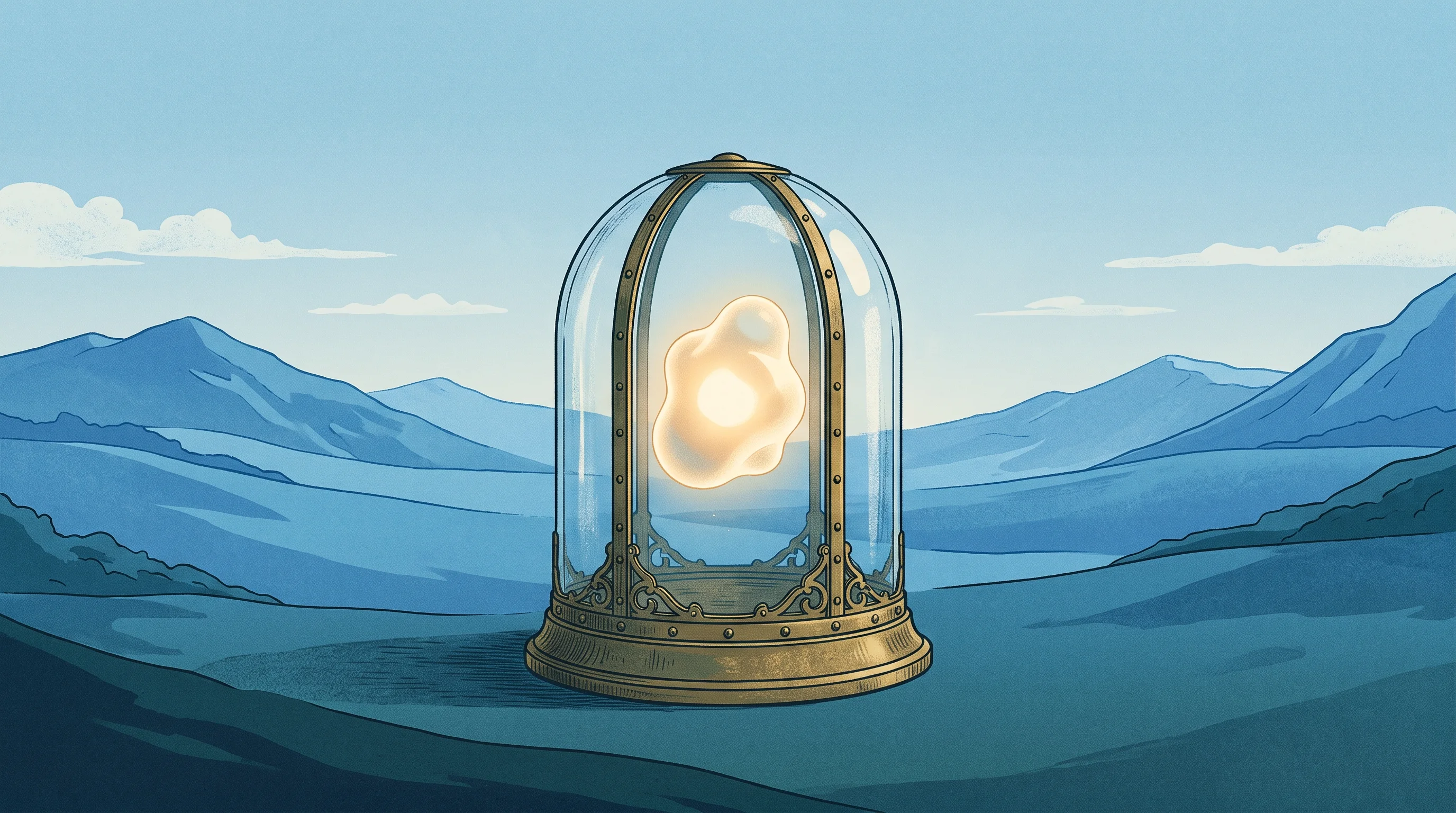 Digital illustration for article section "Content Section 3" in "TovenAI launches 6 AI agents for trading compliance" - A surreal, dreamlike illustration of a beautifully crafted, vintage-style glass and brass container ...