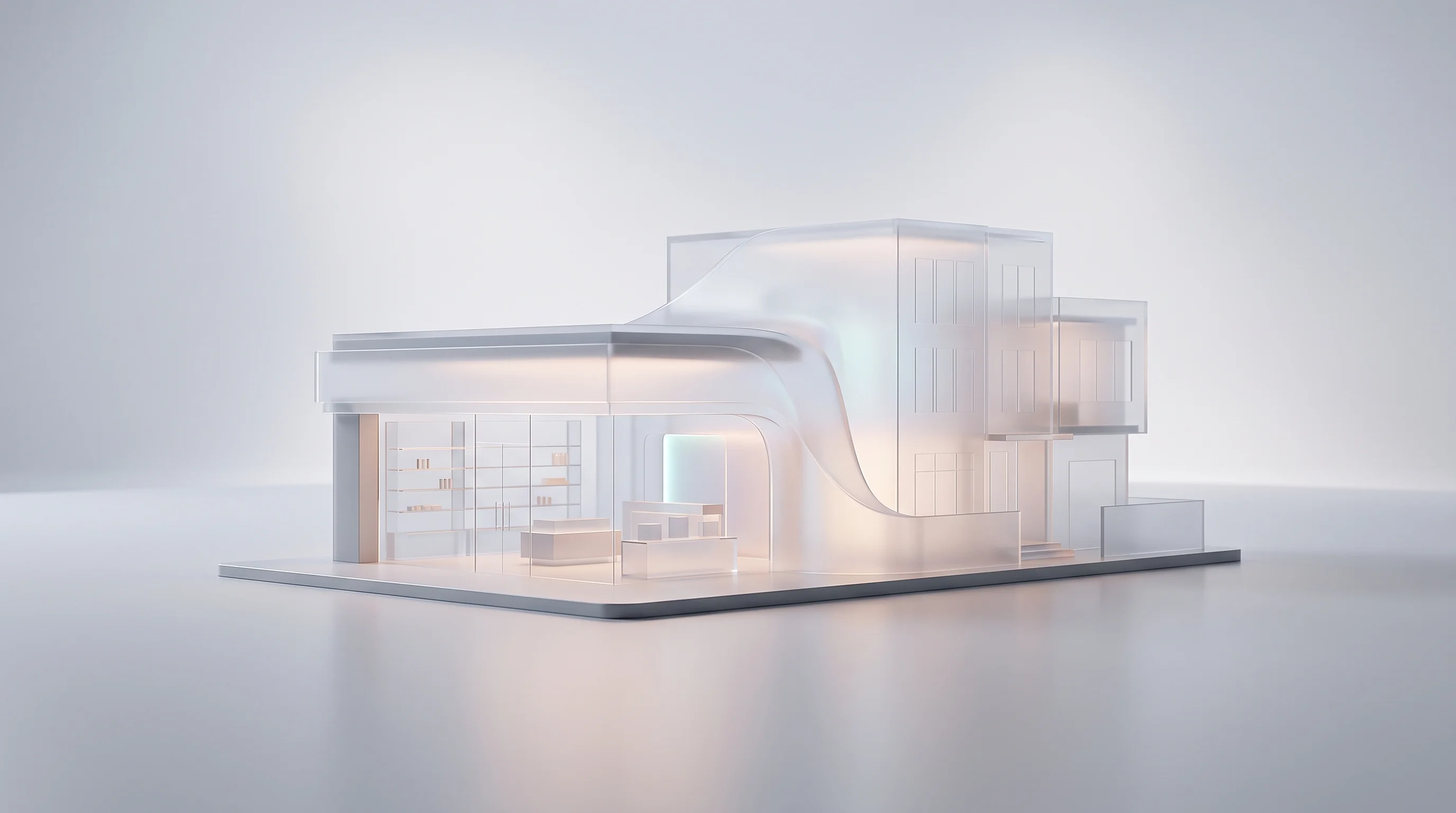 Digital illustration for article section "Early Deployments Show Promise, With Caveats" in "Marker launches platform to build agent-first businesses" - A sleek, minimalist composition featuring an elegant, semi-transparent architectural model of a mode...
