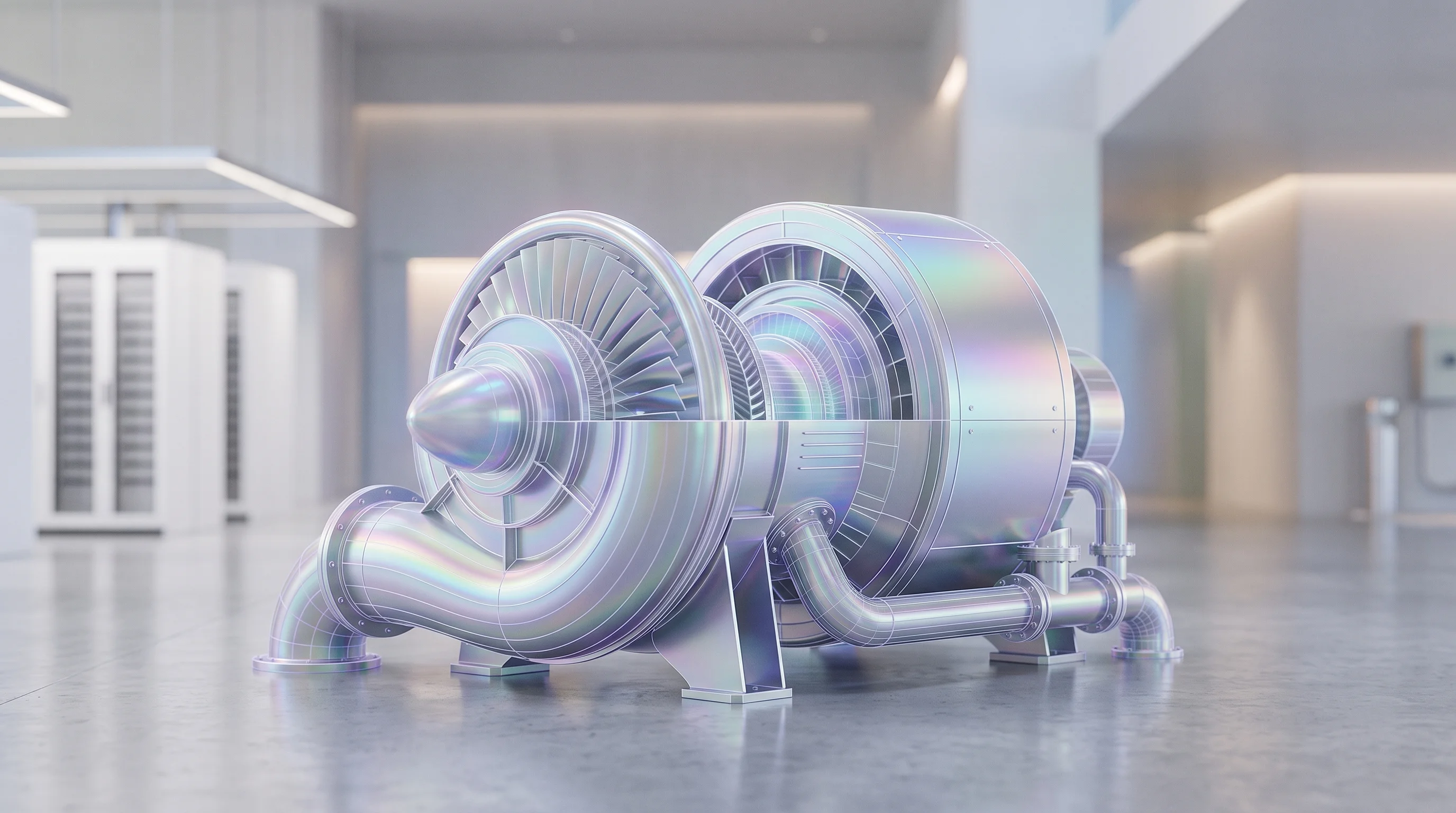 Digital illustration for article section "Content Section 2" in "Hayzel raises $3.6M to turn chillers into power plants" - A sleek, modern industrial turbine acting as a primary chiller unit, positioned as the single focal ...