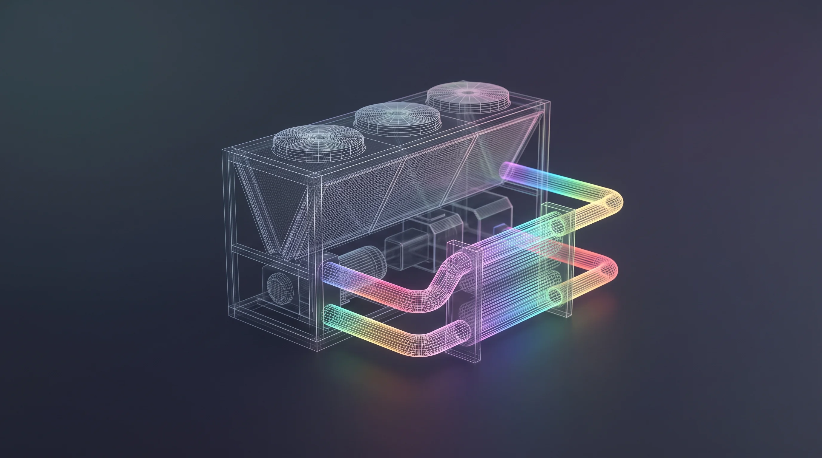 Digital illustration for article section "Content Section 3" in "Hayzel raises $3.6M to turn chillers into power plants" - A minimalist, conceptual visualization of an industrial chiller and heat-exchange system converting ...