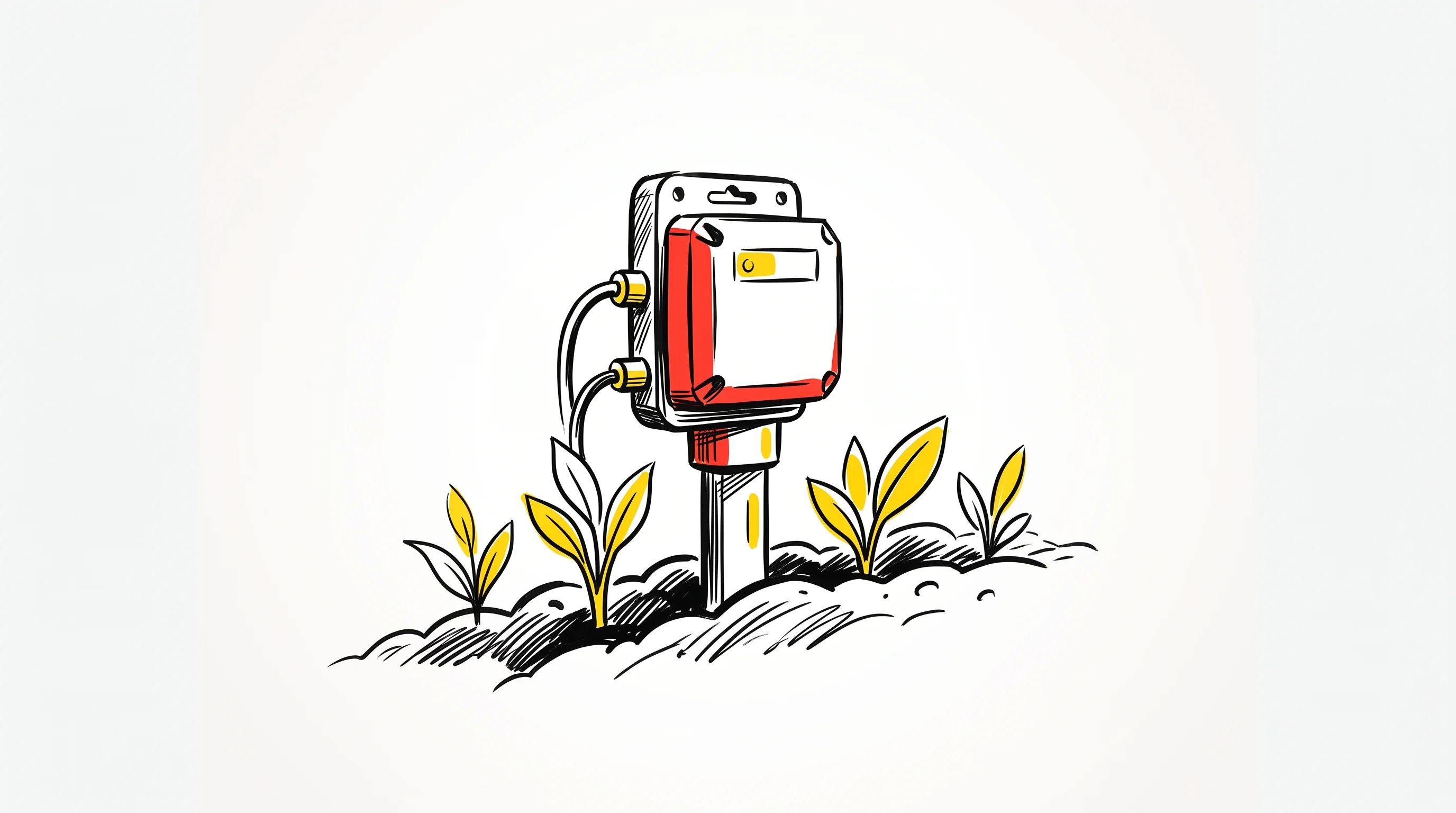 Digital illustration for article section "Money Goes to Manufacturing" in "TerraBlaster raises $12.5M for Mars rover soil tech" - A minimalist, conceptual illustration of a modern agricultural sensor device planted firmly in a sty...