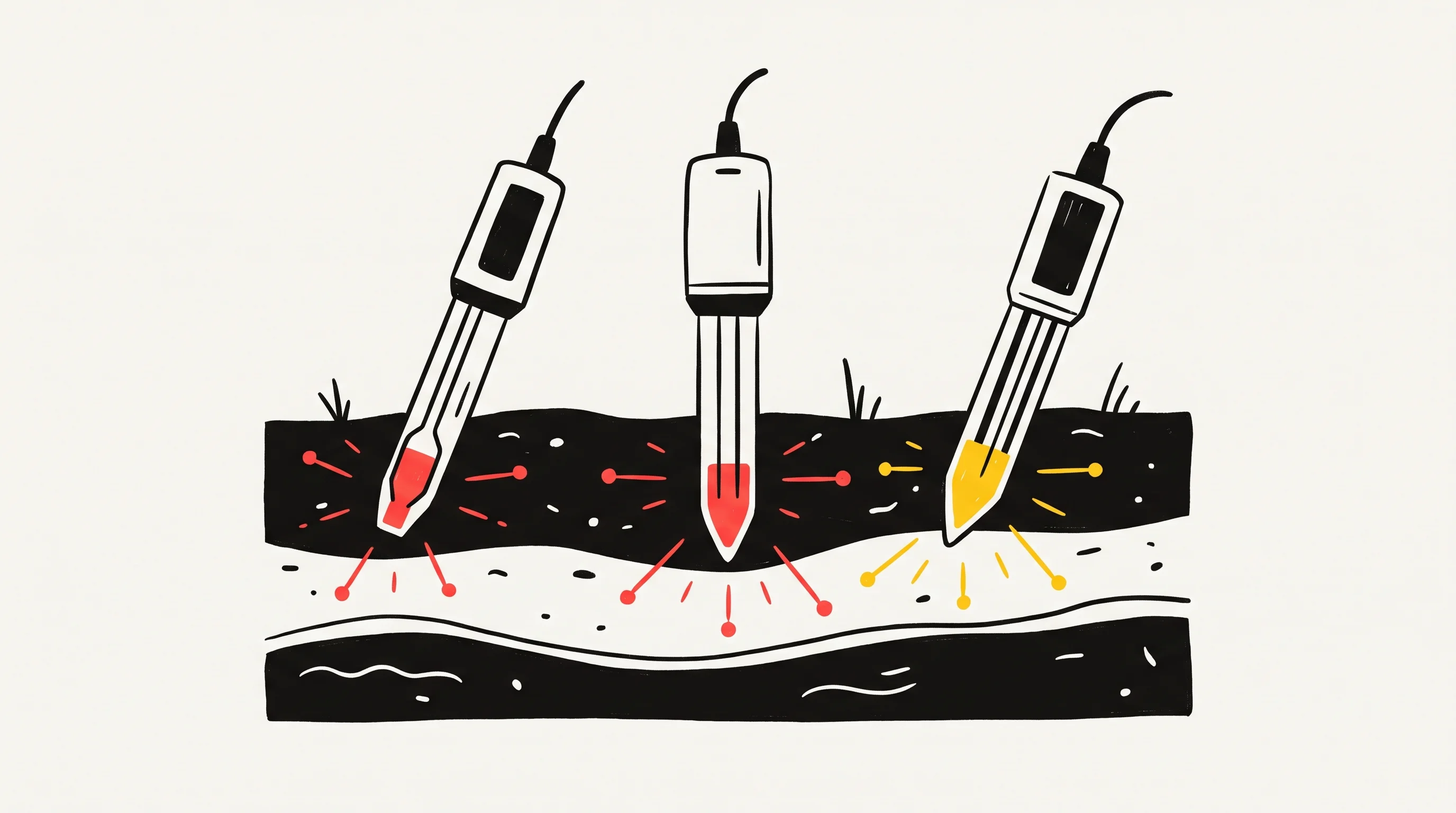Digital illustration for article section "Crowded Precision Race" in "TerraBlaster raises $12.5M for Mars rover soil tech" - A minimalist, conceptual illustration of three sleek soil sensing probes planted firmly into a cross...