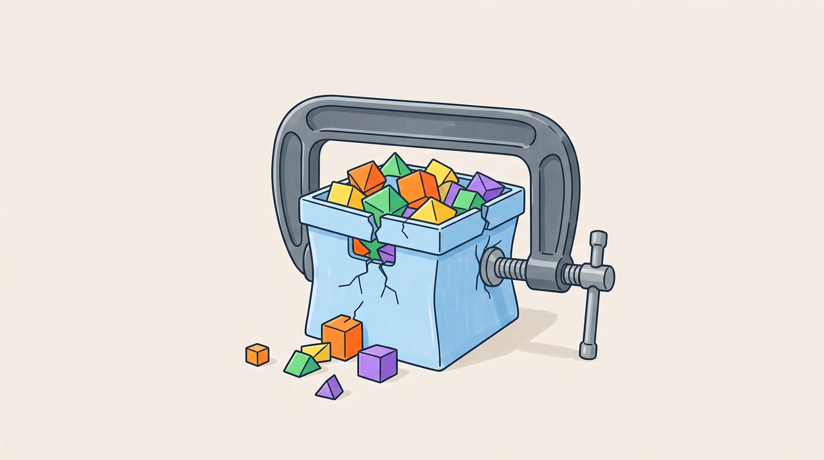 Digital illustration for article section "The Cache Problem" in "Codag launches tool compression to cut AI agent costs 30%" - A clean, minimalist conceptual illustration of a simple storage box representing a data cache being ...