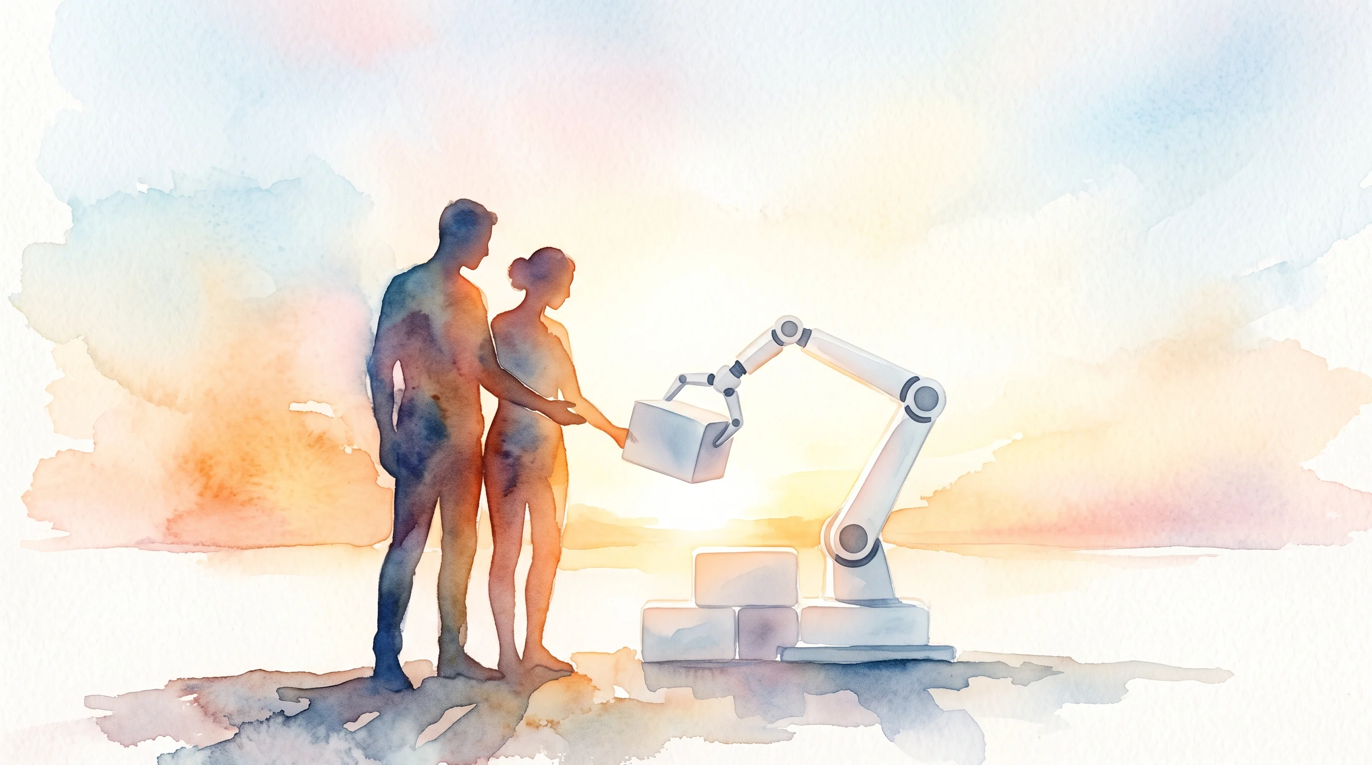 Digital illustration for article section "The Founders" in "Hebbian Robotics launches HFlow SDK for Physical AI data" - An evocative, conceptual watercolor impressionist illustration of a two-person founding team buildin...