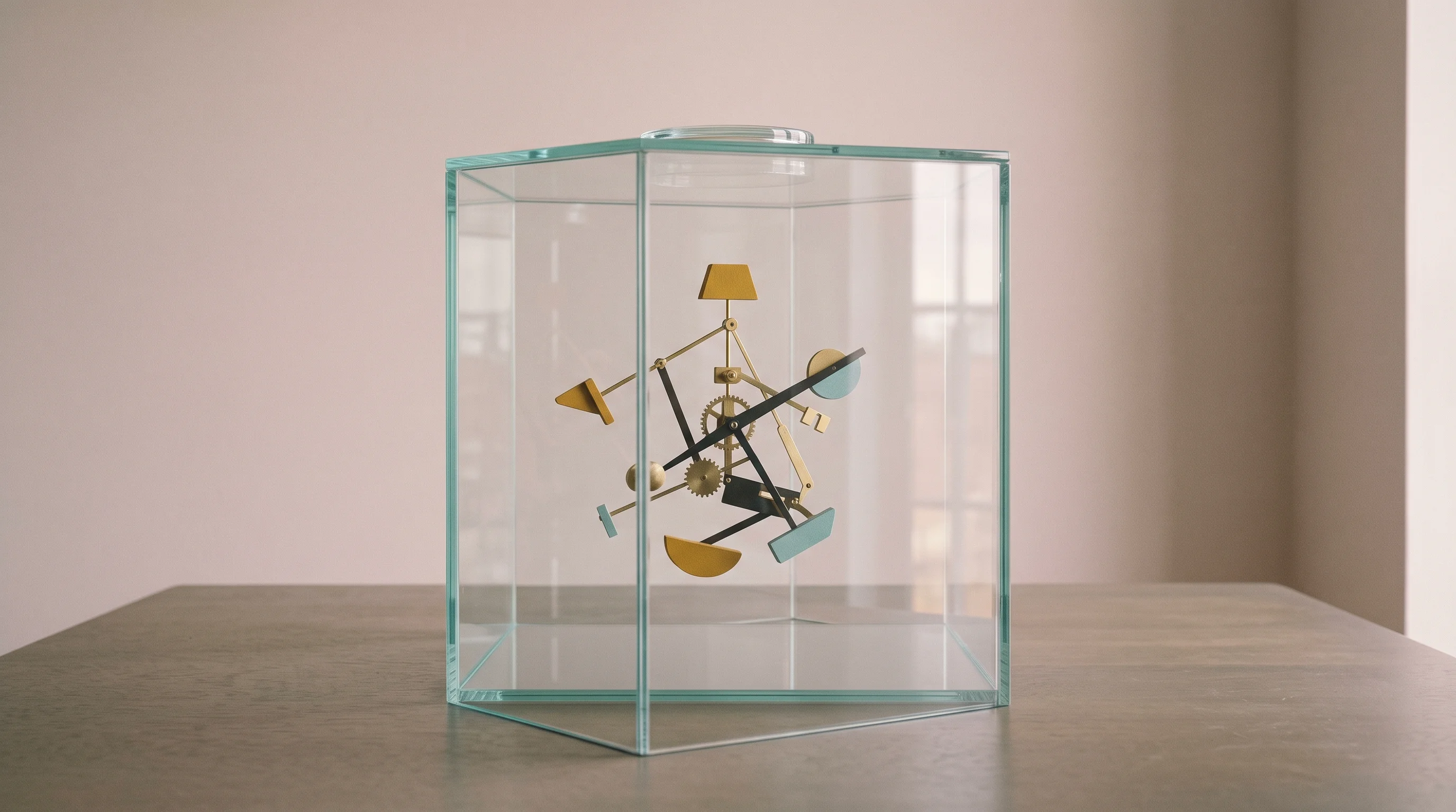 Digital illustration for article section "Content Section 2" in "Vendo launches customization layer for SaaS micro-apps" - A minimalist, highly symmetrical composition featuring a pristine, transparent glass display box res...