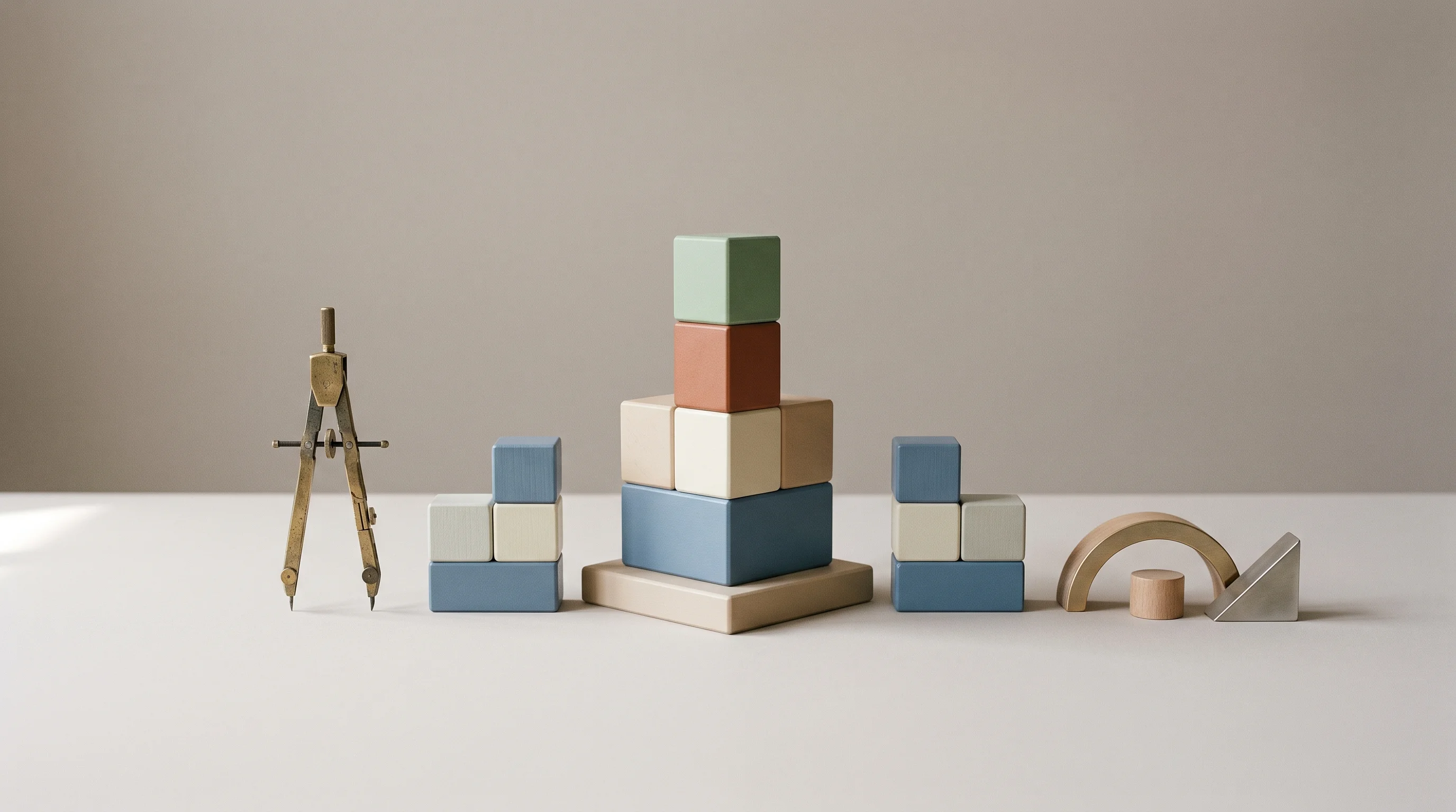 Digital illustration for article section "Content Section 3" in "Vendo launches customization layer for SaaS micro-apps" - A minimalist, highly symmetrical composition featuring a collection of sleek, modular geometric buil...