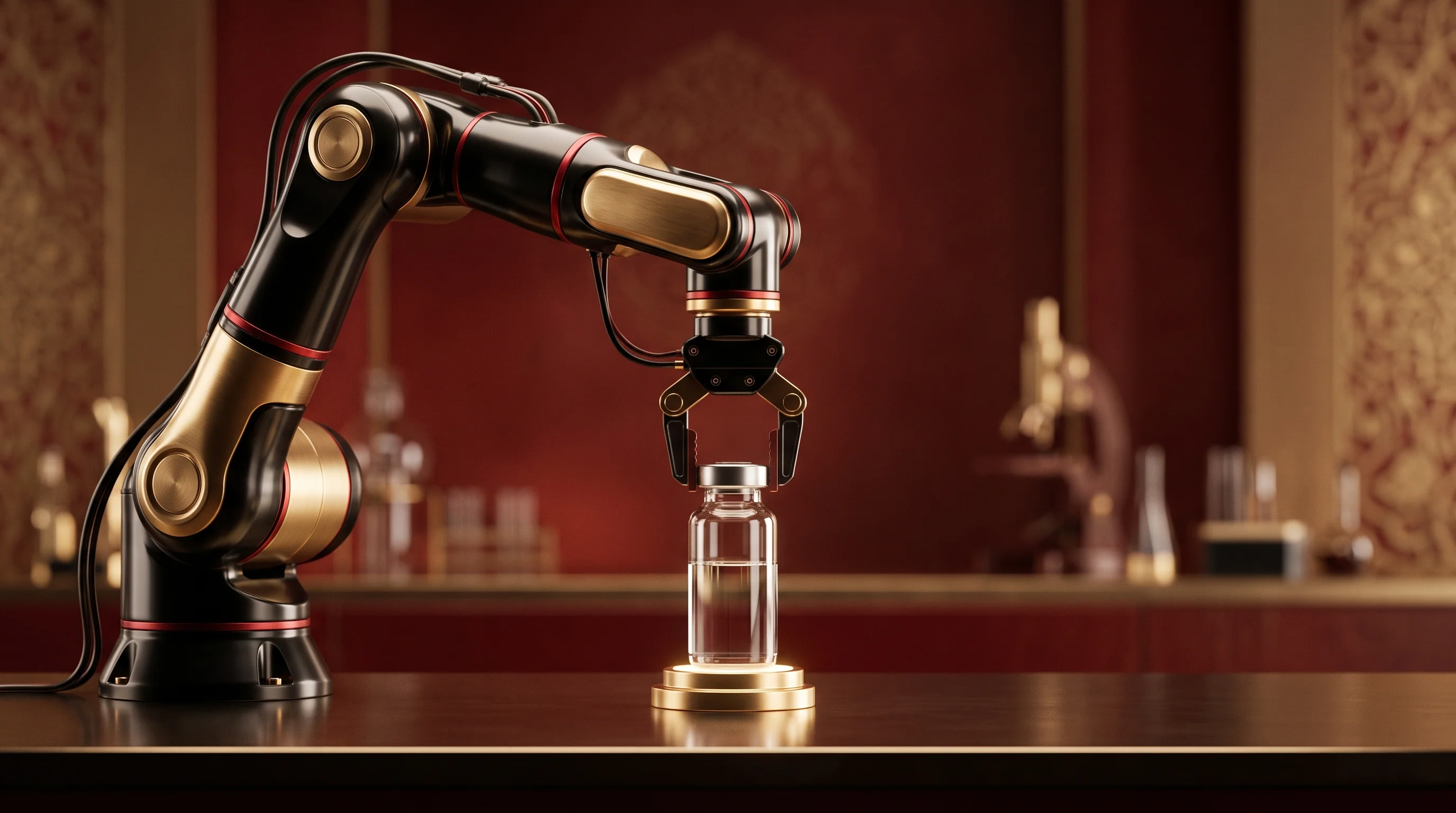 Digital illustration for article section "Content Section 2" in "Neuromorphic launches lab robots that deploy in one week" - A sleek, modern robotic arm gently interacting with a pristine glass laboratory vial, representing r...