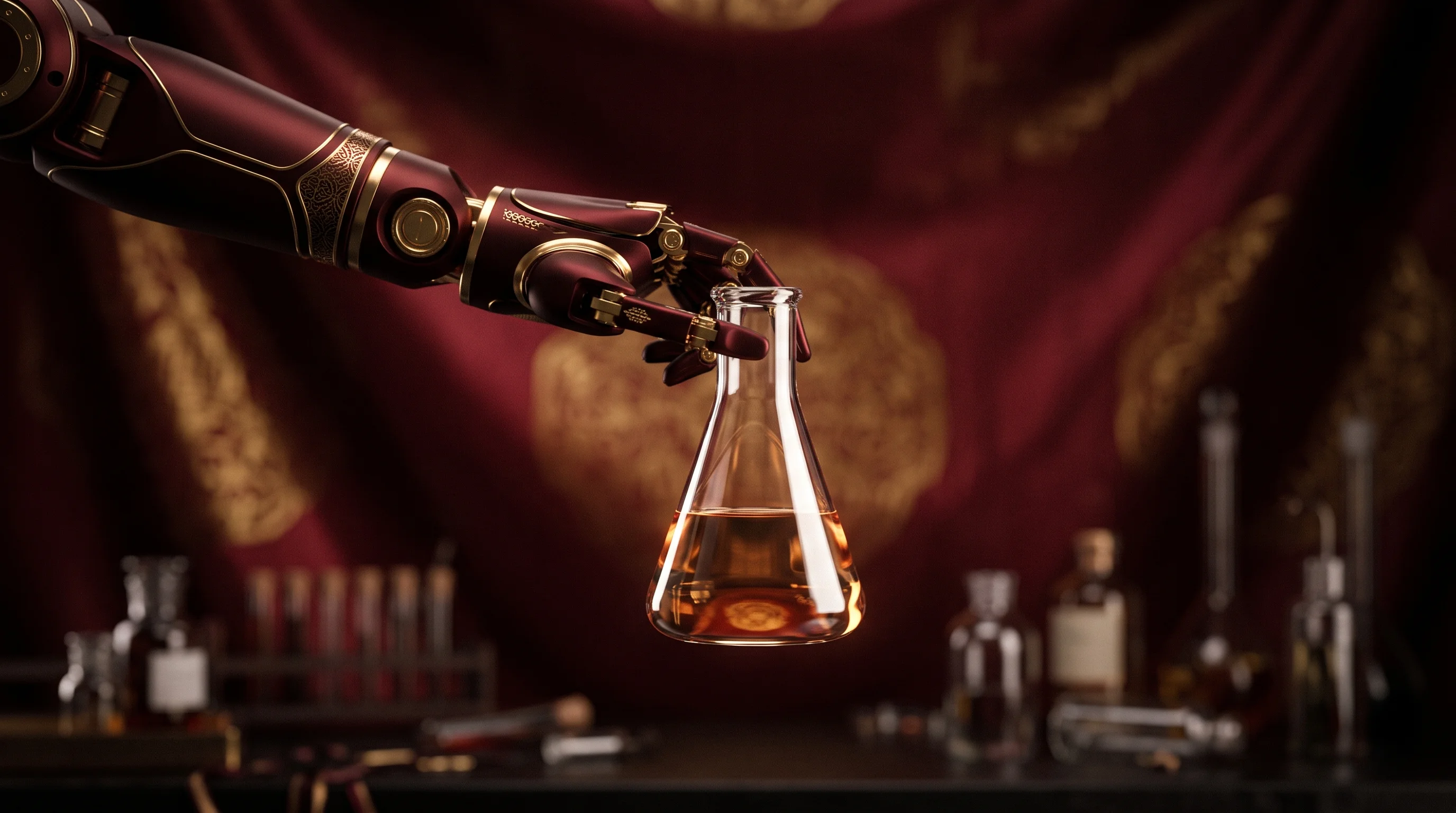 Digital illustration for article section "Content Section 4" in "Neuromorphic launches lab robots that deploy in one week" - A sleek, modern robotic arm delicately holding an elegant glass laboratory flask, conceptualizing th...