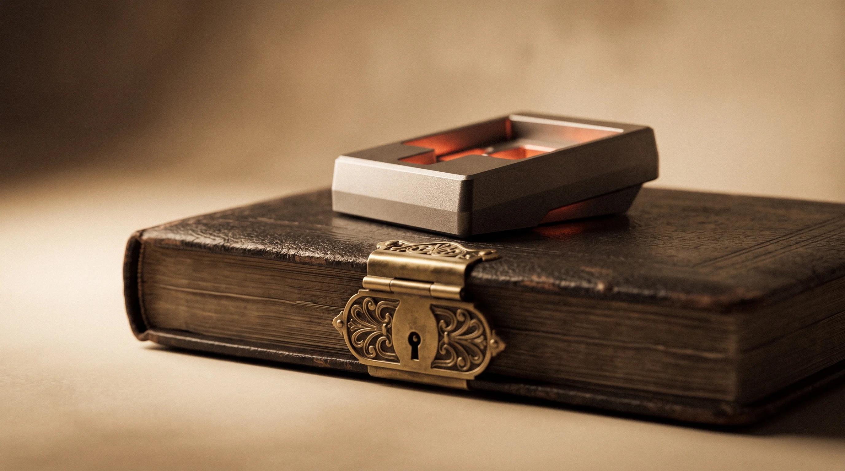 Digital illustration for article section "Content Section 3" in "Mass Magnetics launches recycled rare-earth magnets in USA" - A conceptual, minimalist composition featuring a single, heavy leather-bound ledger securely fastene...