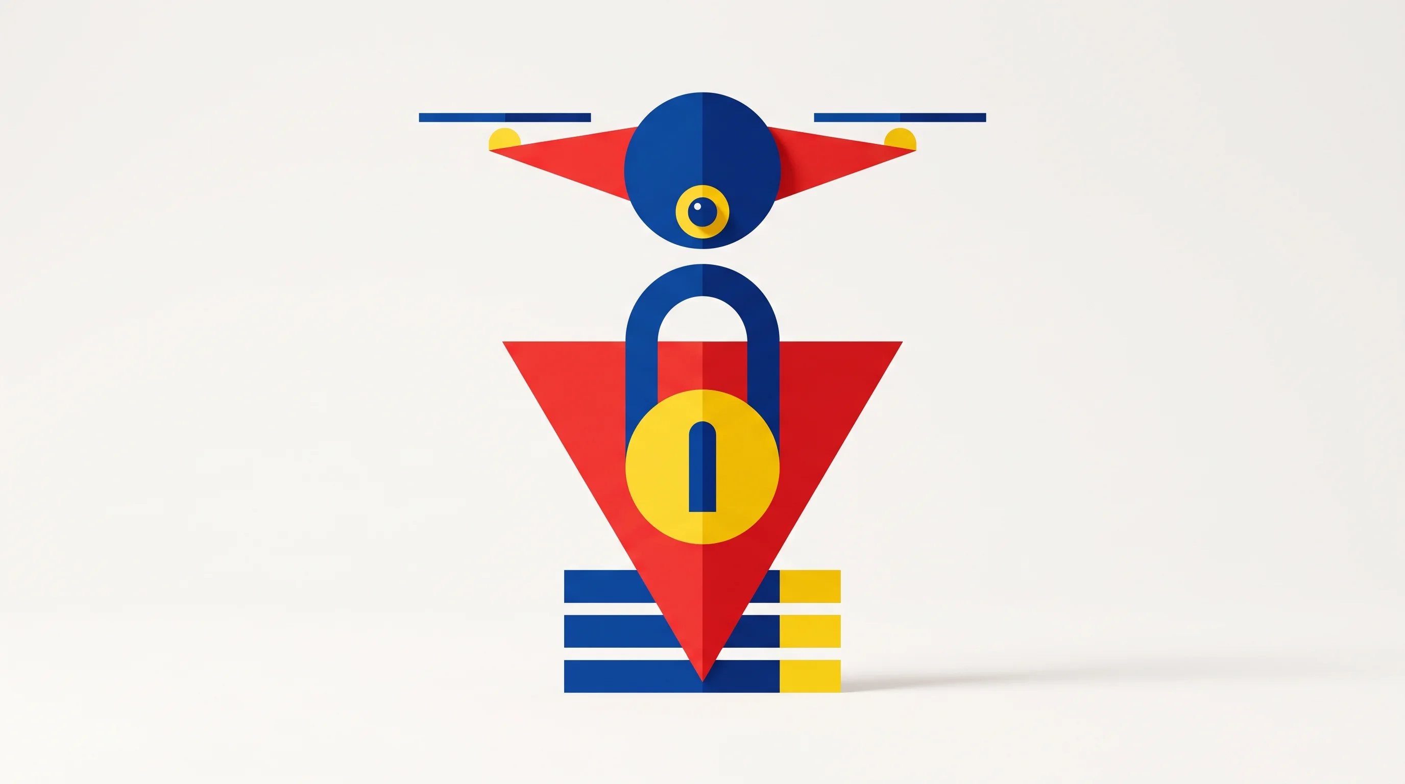 Digital illustration for article section "Content Section 5" in "IMPACT Drones launches autonomous air defense service" - A minimalist, abstract representation of a sleek security drone hovering above a symbolic lock and s...