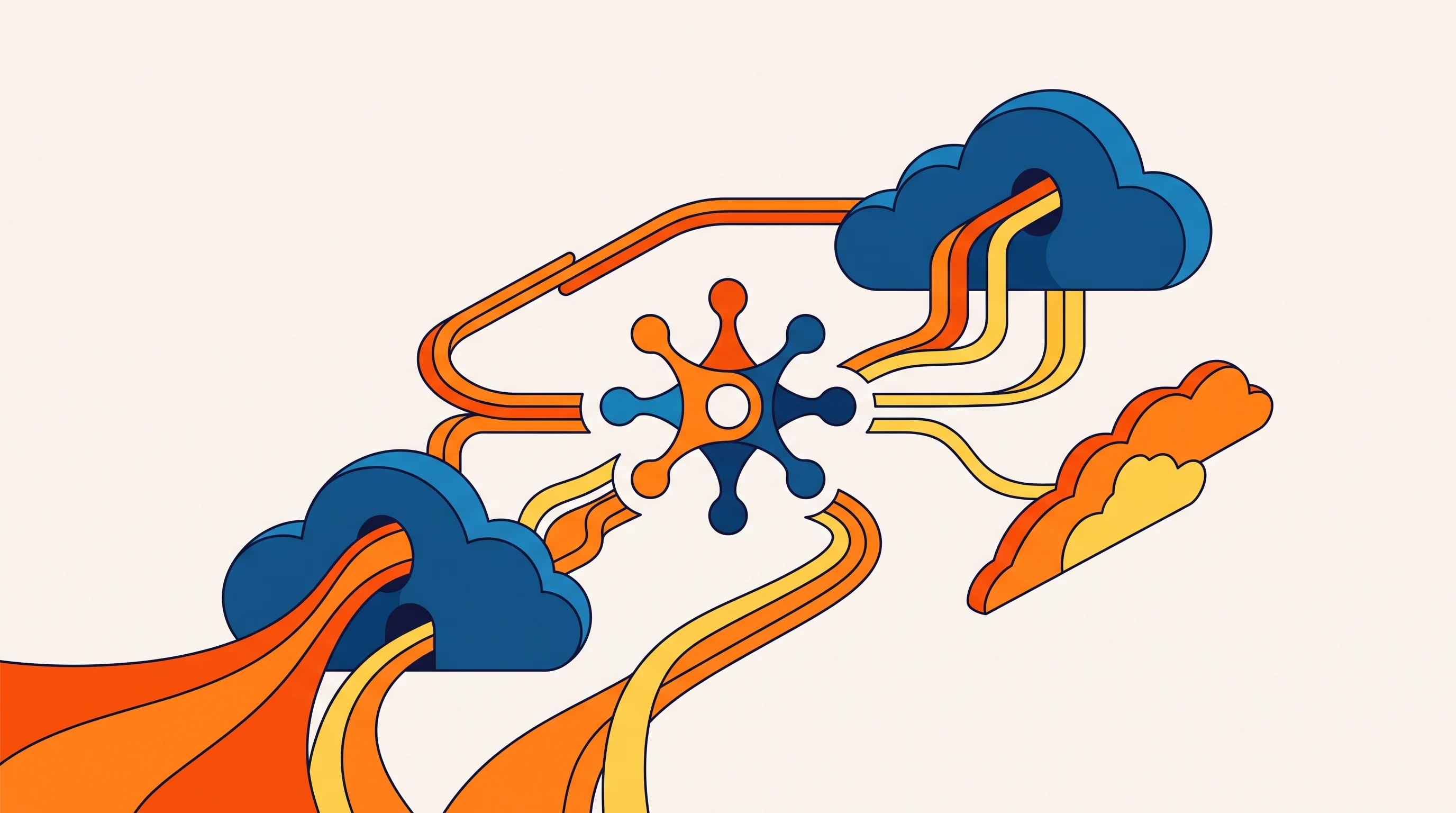 Digital illustration for article section "Content Section 3" in "Akon Labs launches nervous system for AI coding agents" - A clean, minimalist conceptual illustration representing cloud orchestration and code graph infrastr...