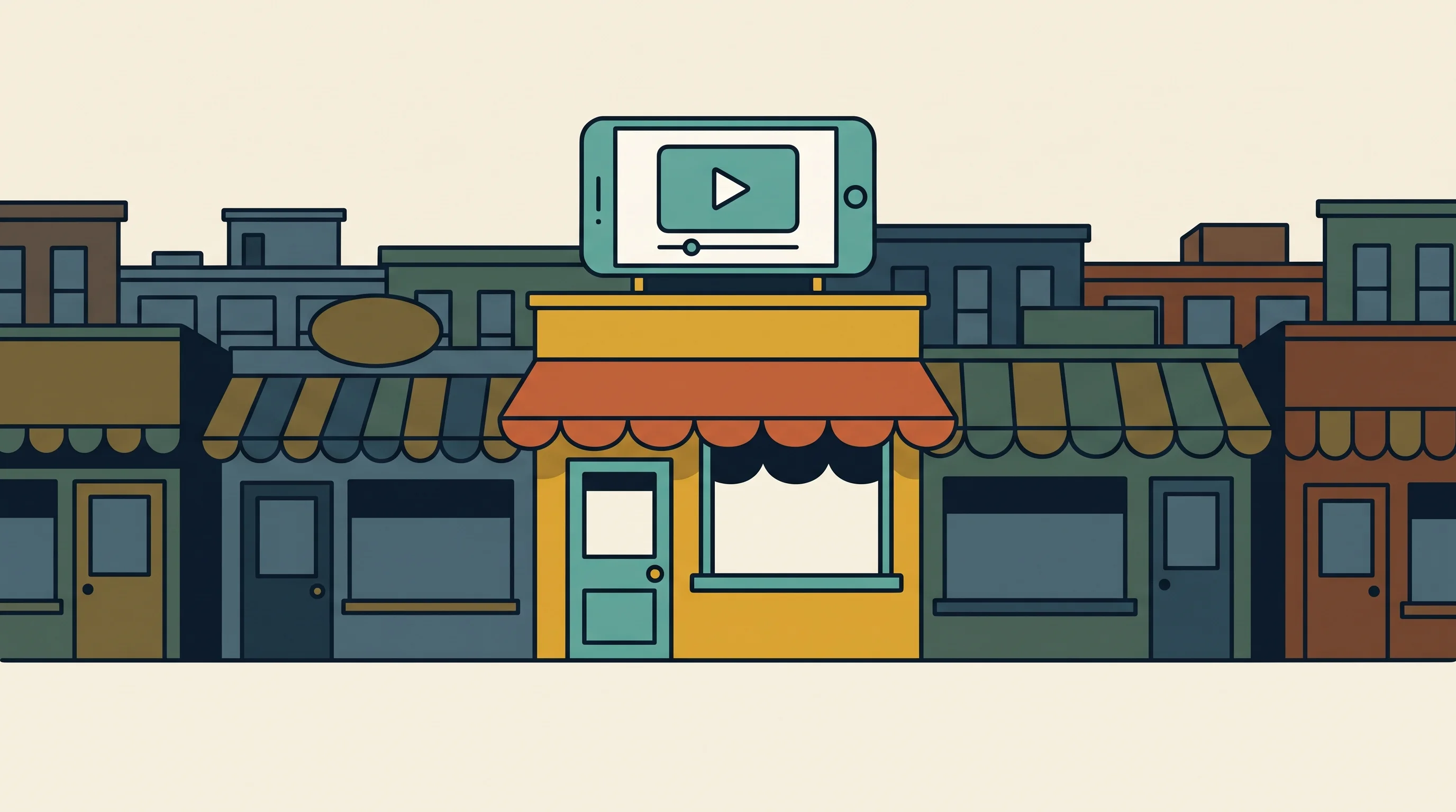 Digital illustration for article section "Content Section 3" in "TryNearby launches creator platform for 120+ restaurants" - A clean, conceptual, and minimal illustration of a stylized small business restaurant storefront sta...
